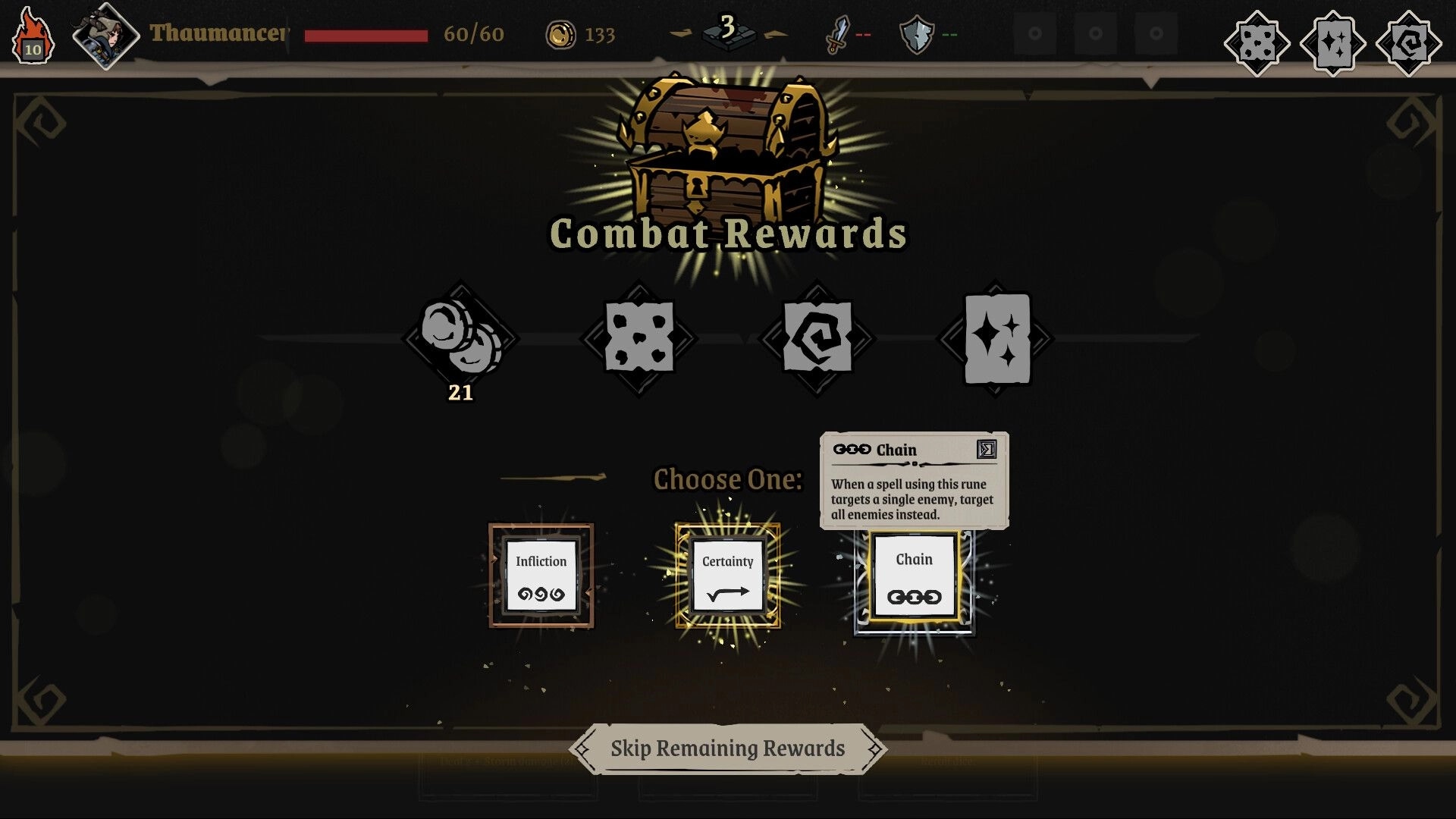 Archon Soul: Combat rewards screen with Thaumancer health and rune selection options displayed
