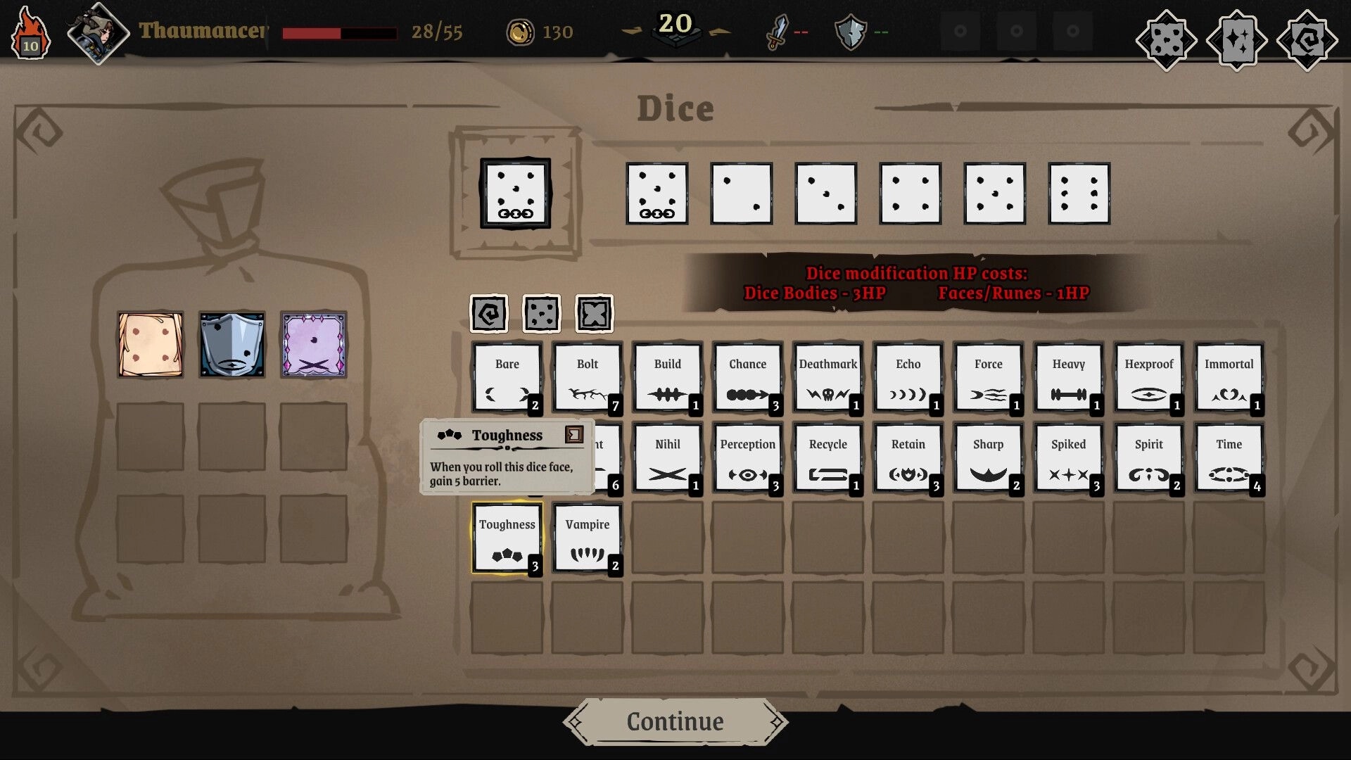 Archon Soul: Dice customization screen with various face options and a highlighted Toughness dice face