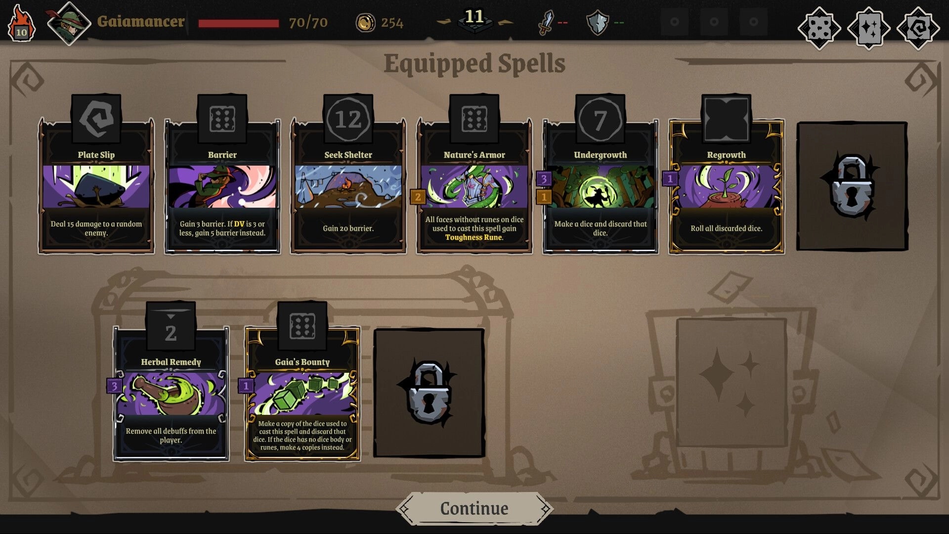Archon Soul: Gaianmancer's equipped spells menu showing six cards with various effects