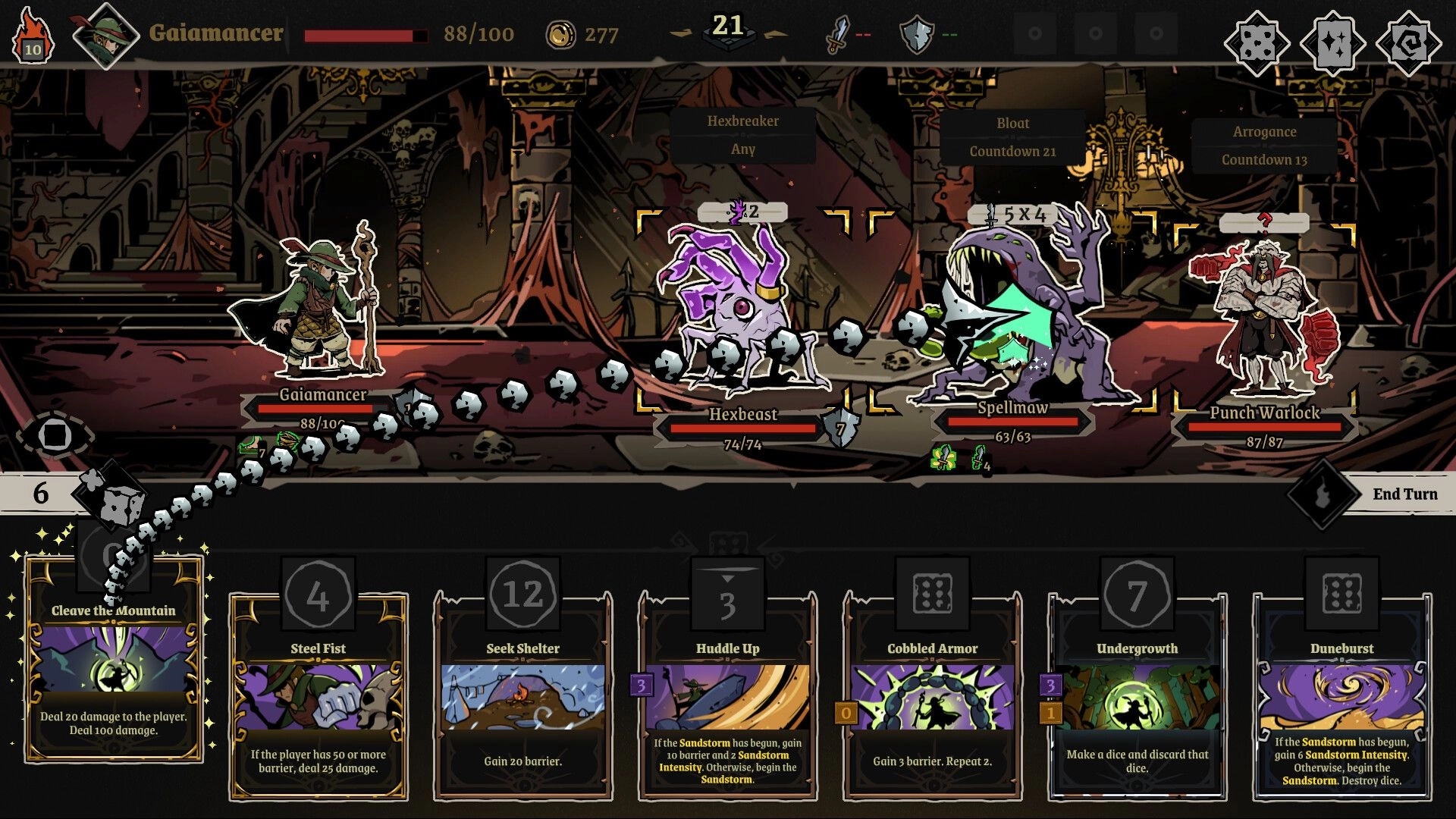 Archon Soul: Gaiamancer battles Hexbeast, Spellmaw, Punch-Warlock in dark dungeon with card deck below