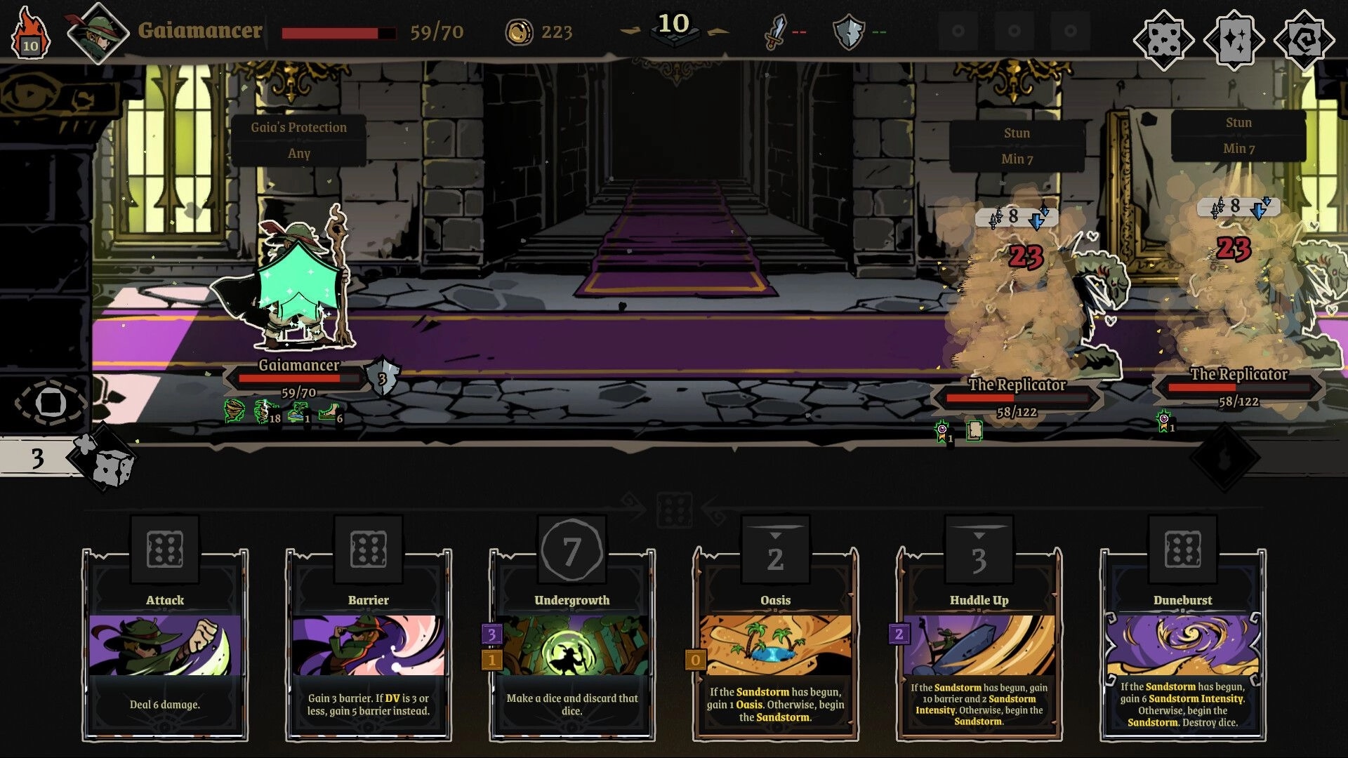 Archon Soul: Gaiamancer battling The Replicator in a stone corridor with cards and dice visible