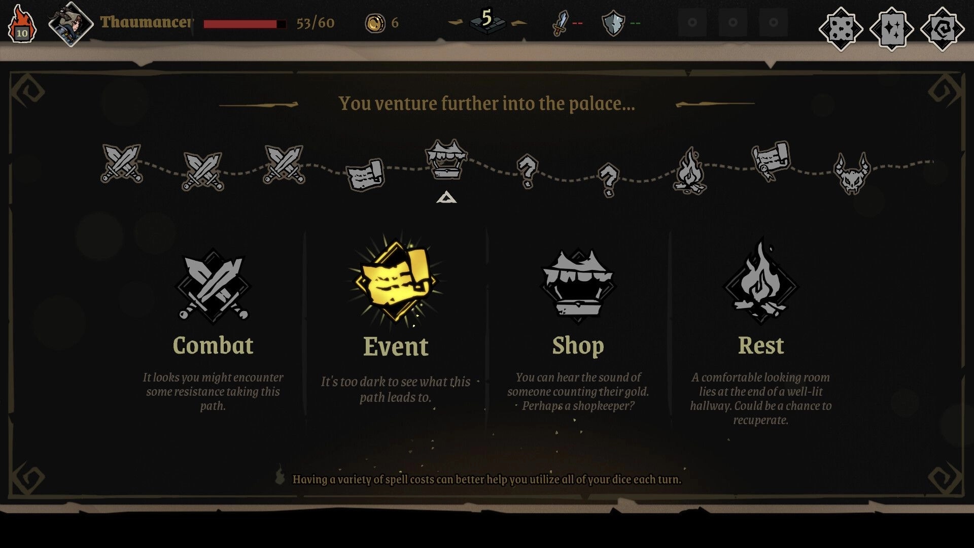 Archon Soul: Thaumancer path selection with options for combat, event, shop, and rest in palace corridor.