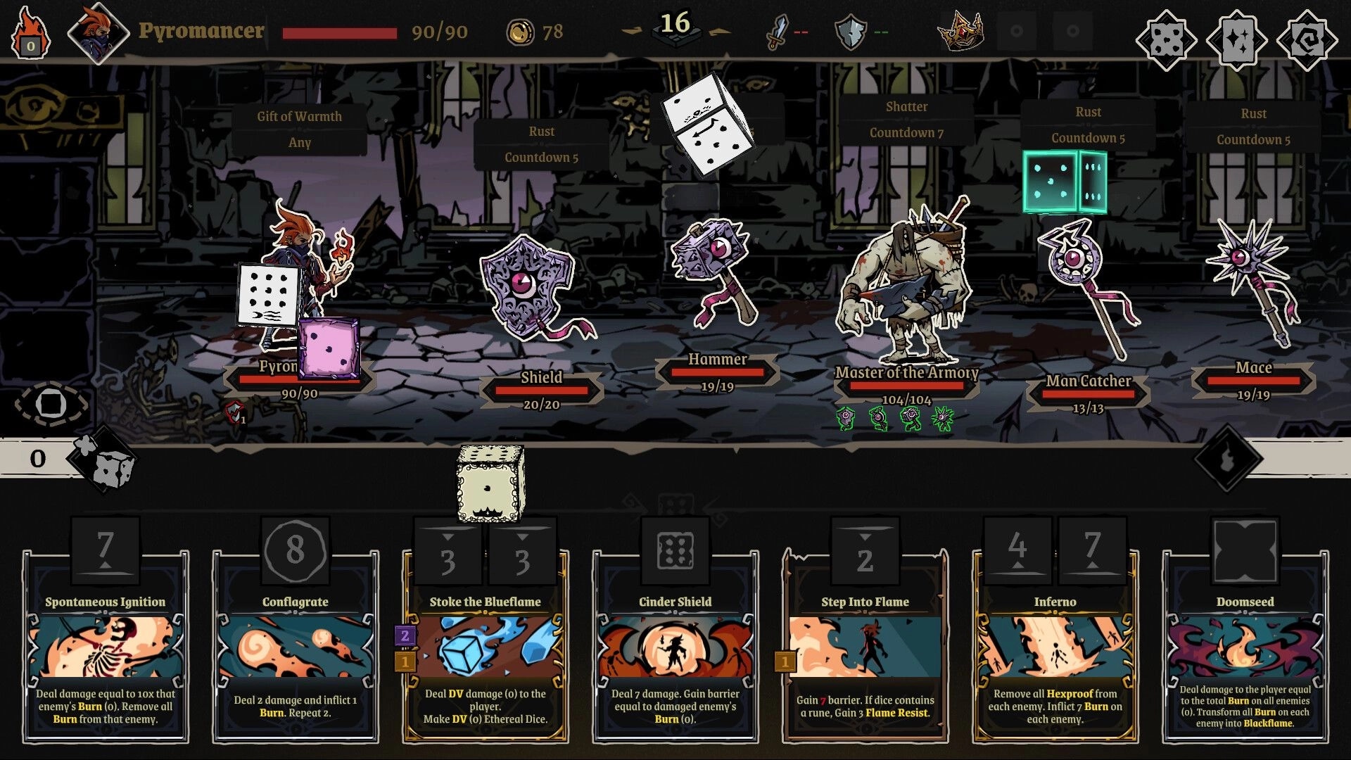 Archon Soul: Pyromancer battling enemies in dungeon with dice actions and spell cards displayed