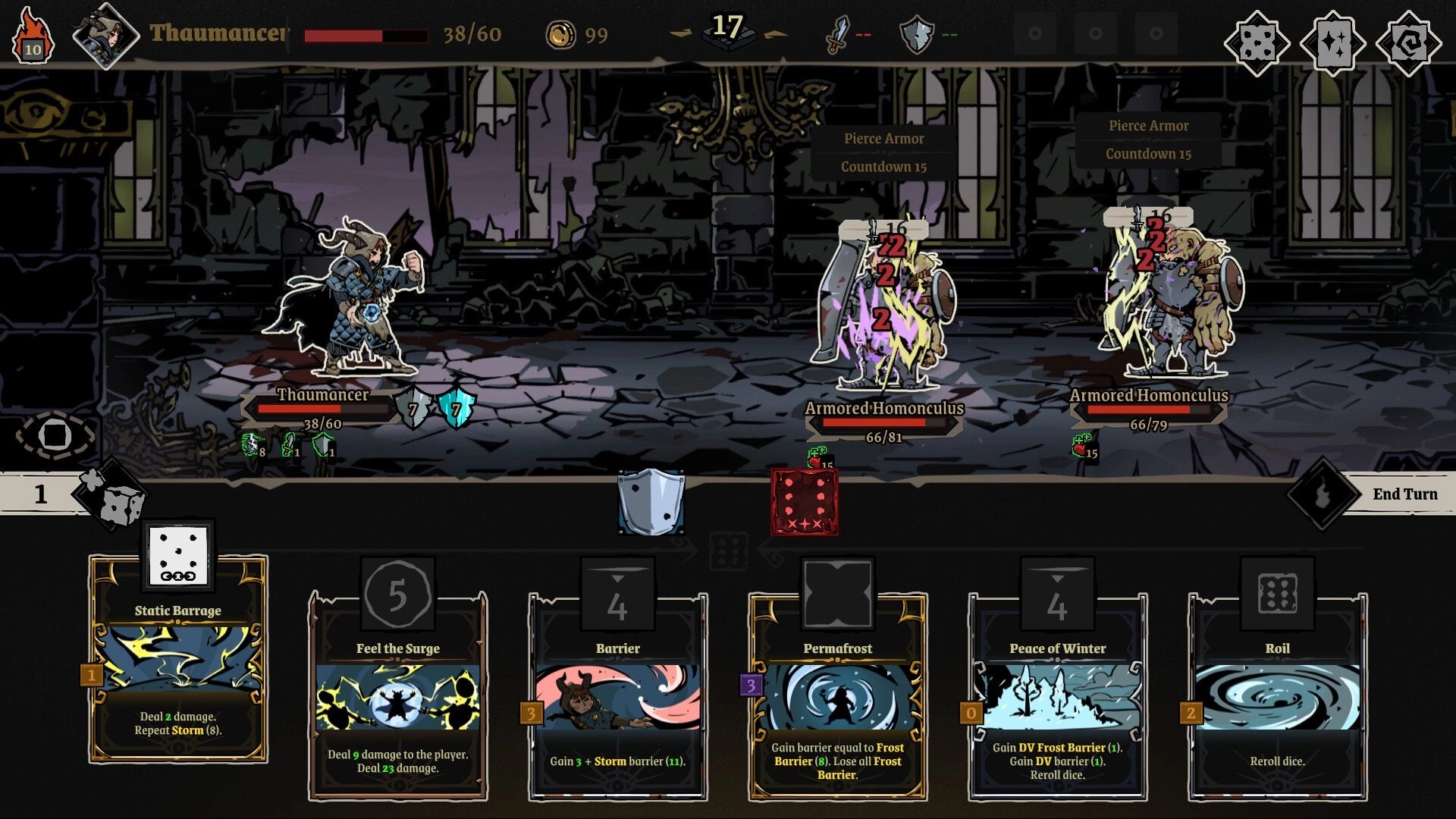 Archon Soul: Thaumancer battles Armored Homunculus in a dark dungeon with spell cards displayed.