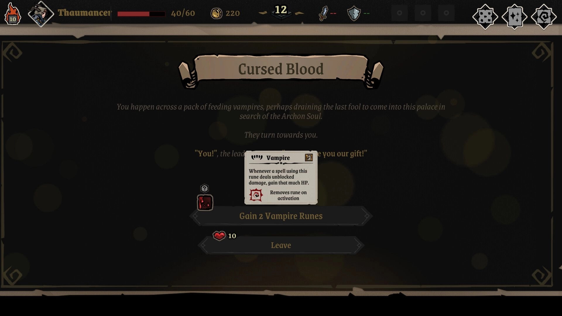 Archon Soul: Thaumancer encounters a vampire event with options to gain runes or leave in dark palace