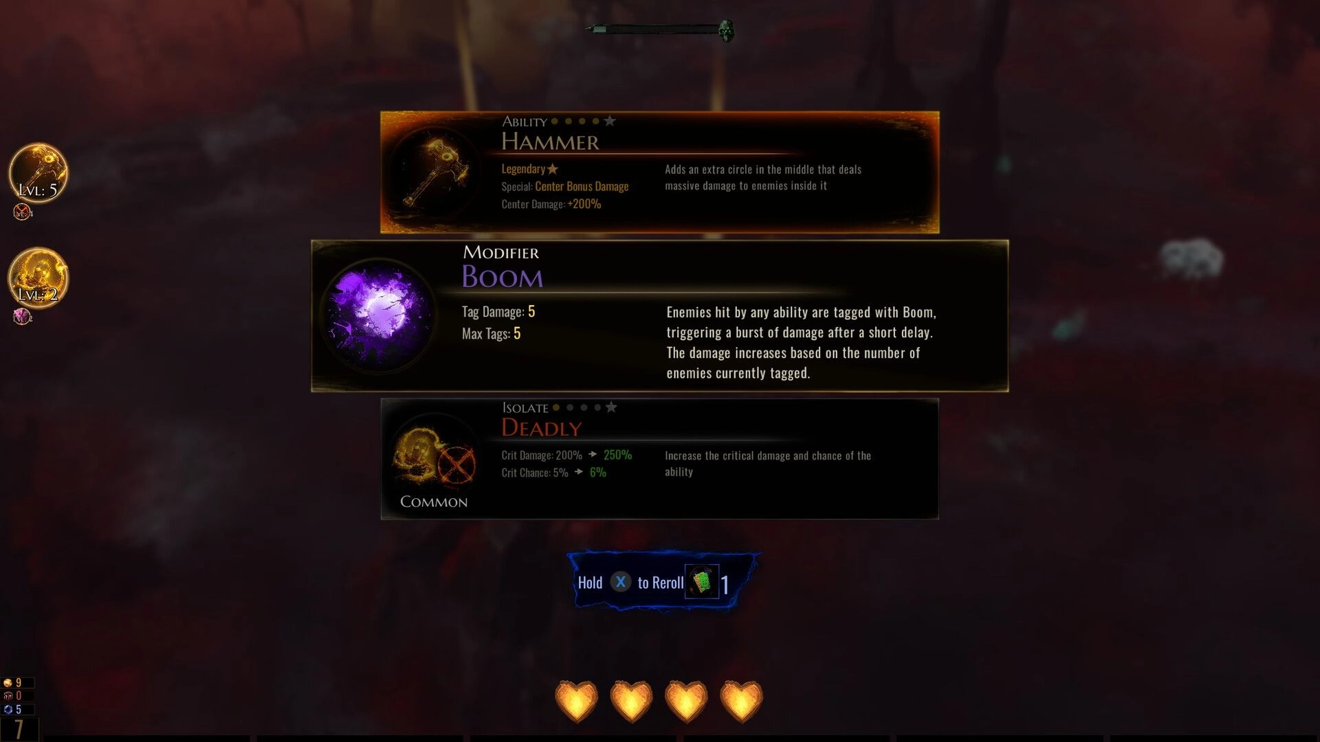 Archons: Ability selection screen with options for Hammer, Boom modifier, and Deadly isolate in dark setting