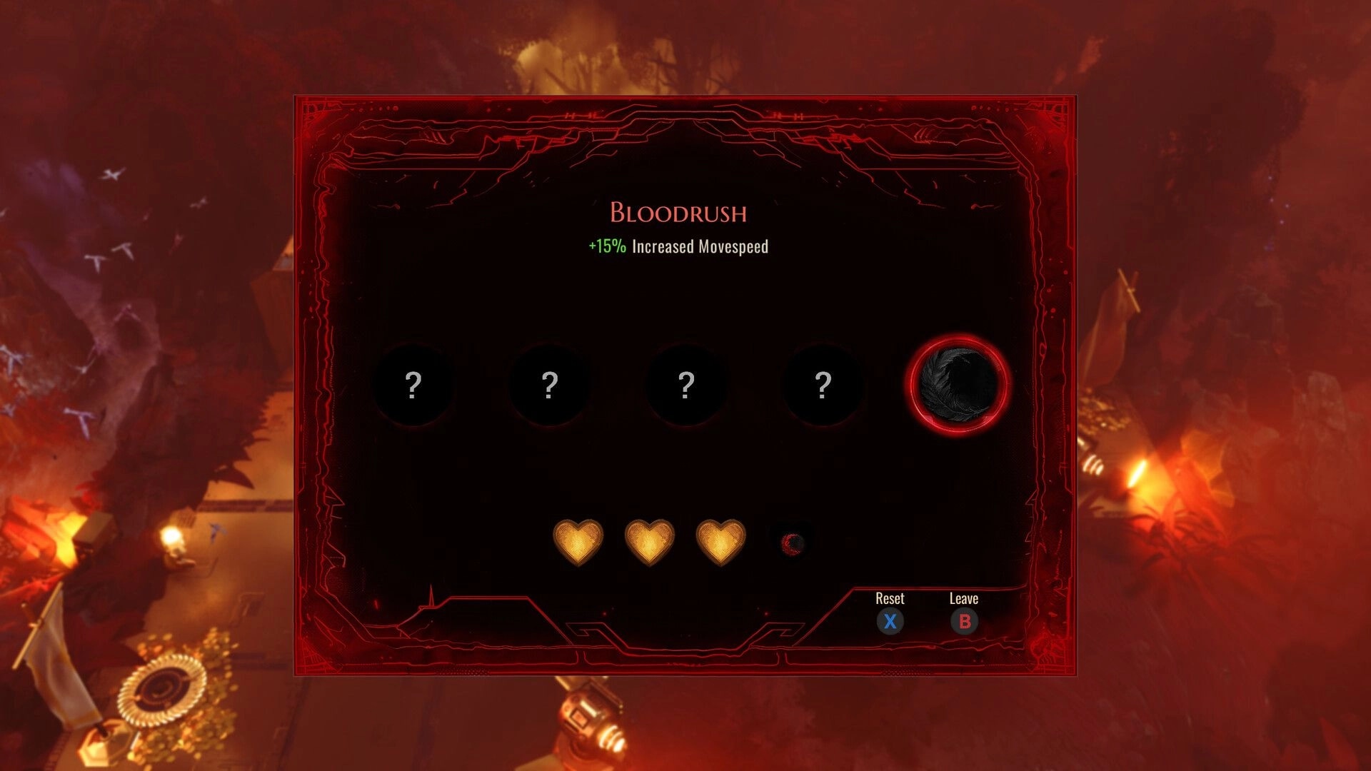 Archons: Bloodrush ability selection screen showing increased movespeed bonus in a fiery environment