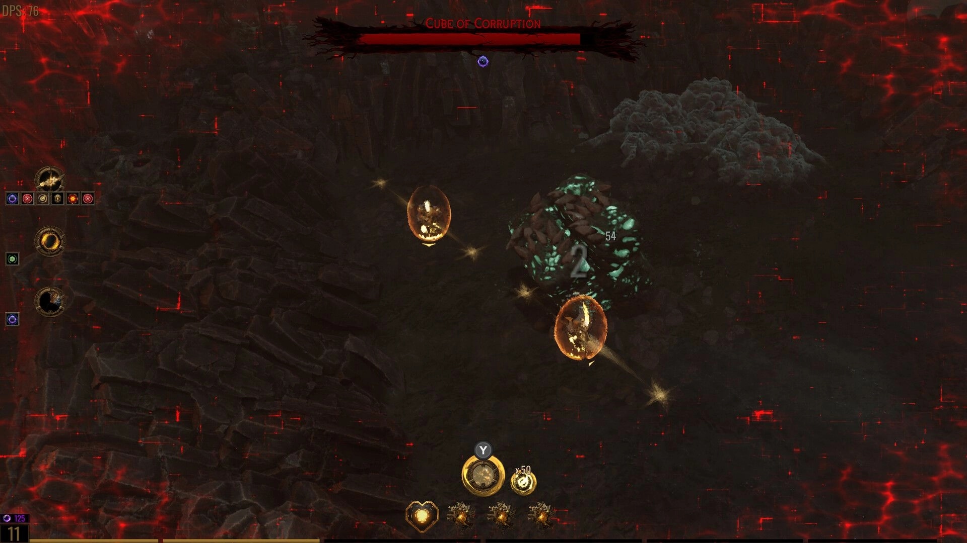 Archons: Combat with Cube of Corruption in rocky terrain, UI with abilities and health bar visible