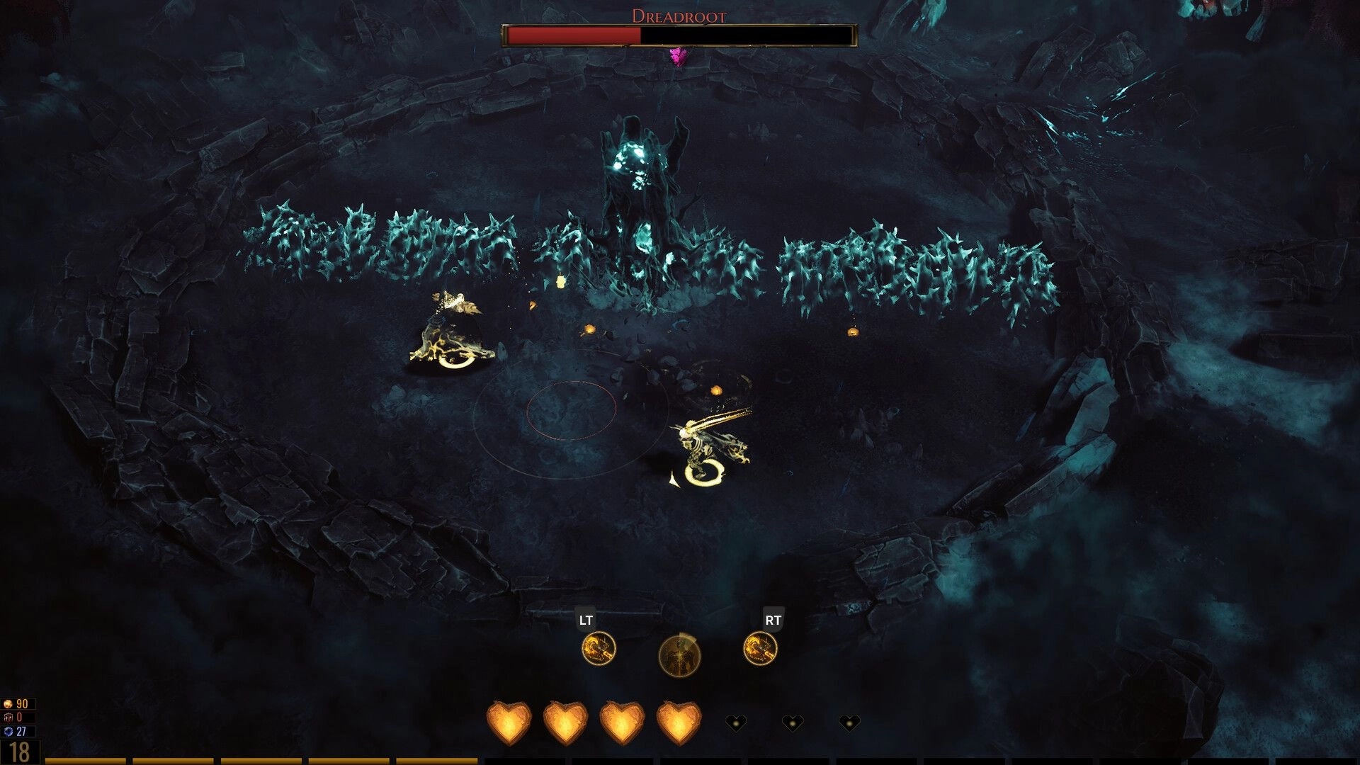 Archons: Two characters battle Dreadroot boss in dark arena with health bar and abilities displayed