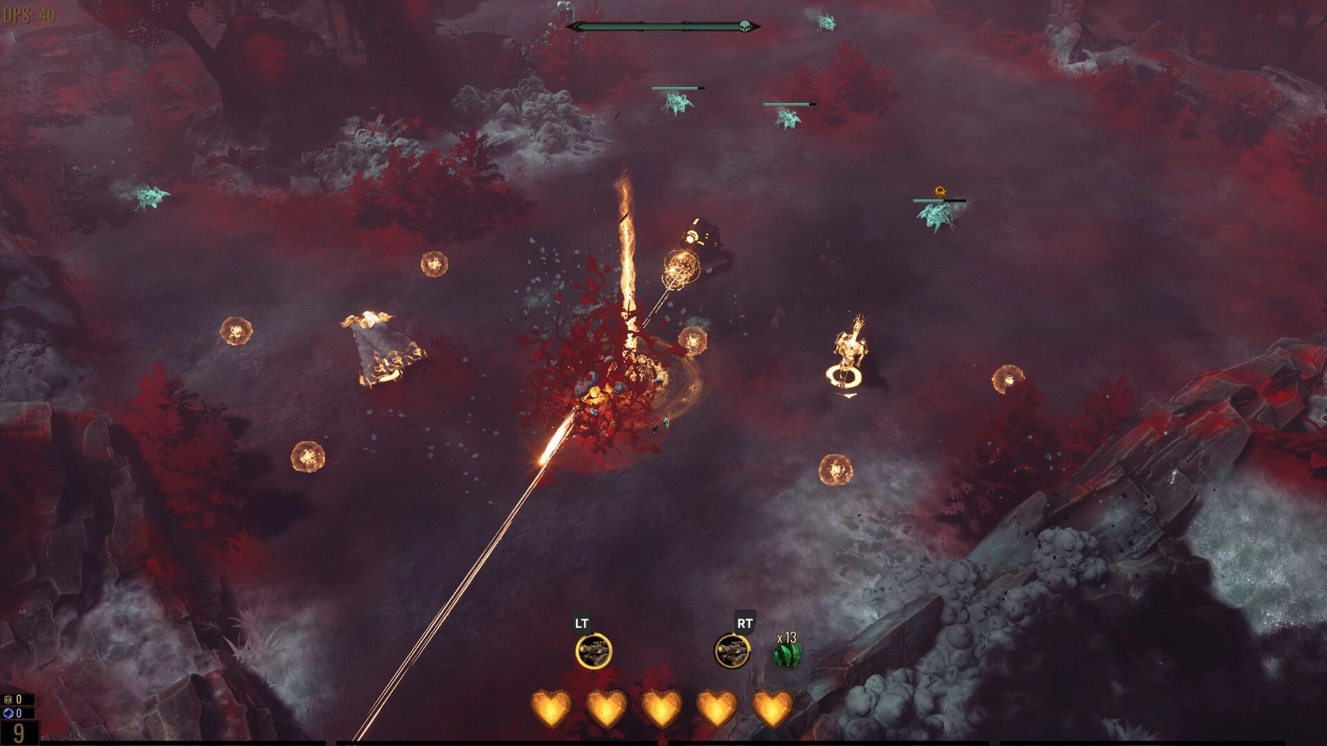 Archons: Combat scene with Archons battling parasites in a dark forest, UI shows abilities and health.
