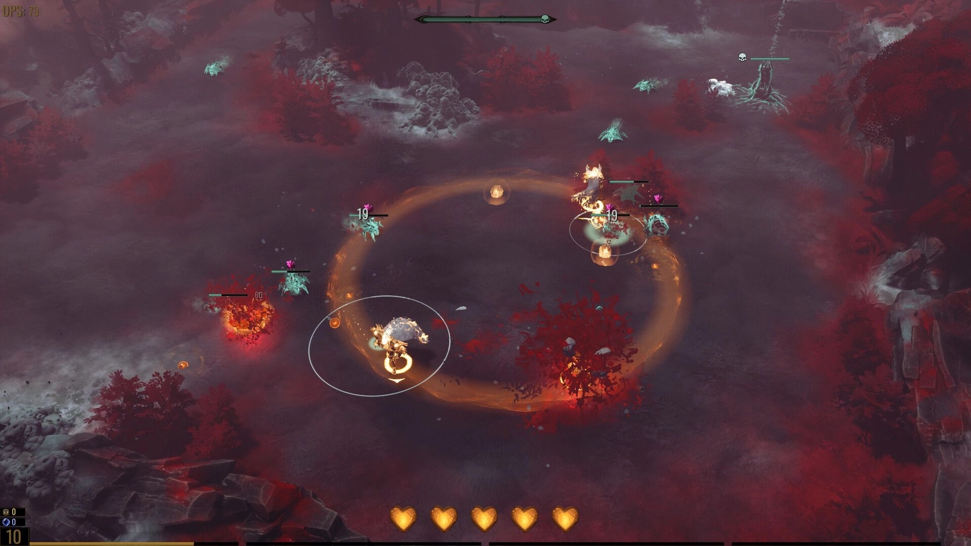 Archons: Two characters battle parasites in a dark forest with UI showing health and damage stats