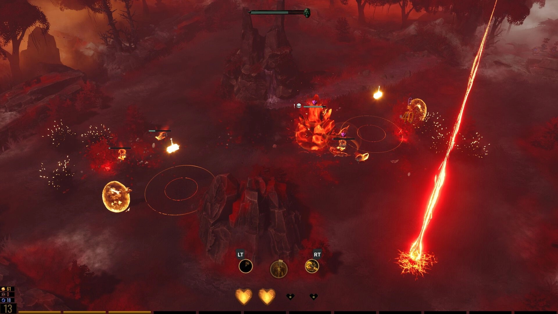 Archons: Intense combat in a fiery landscape with blazing attacks and enemy health bars visible