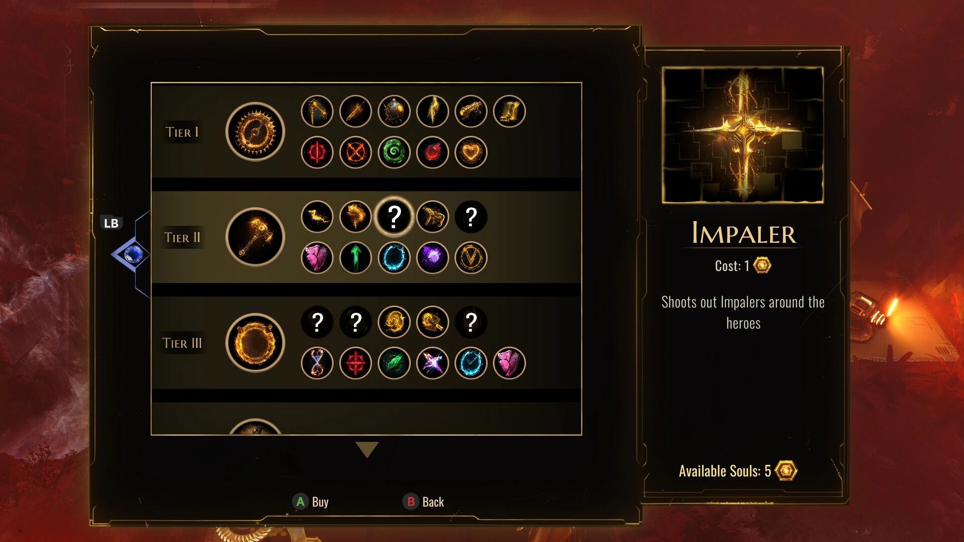 Archons: Skill selection screen with tiers and abilities displayed, highlighting the "Impaler" skill description.