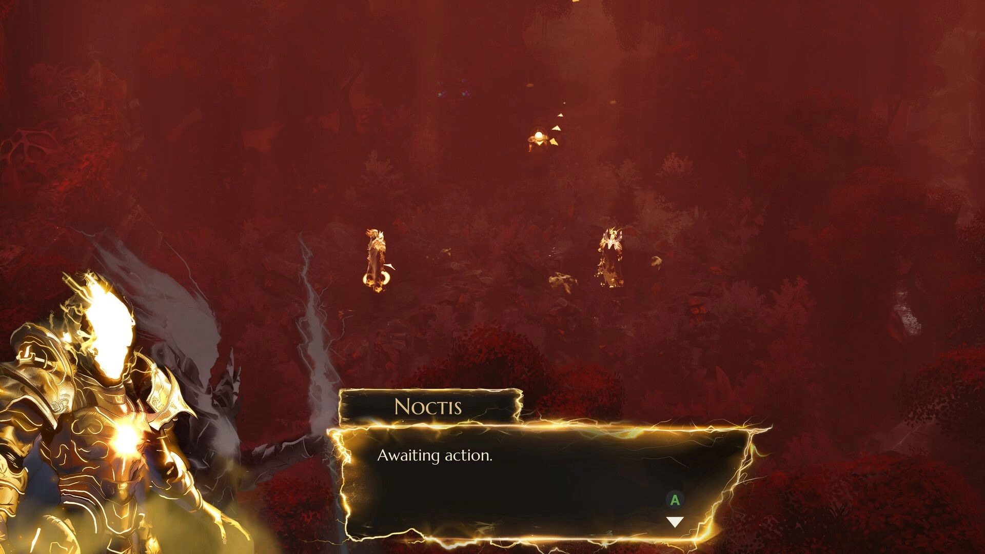 Archons: Noctis awaits action in a fiery forest, glowing characters visible, dialogue box displayed.