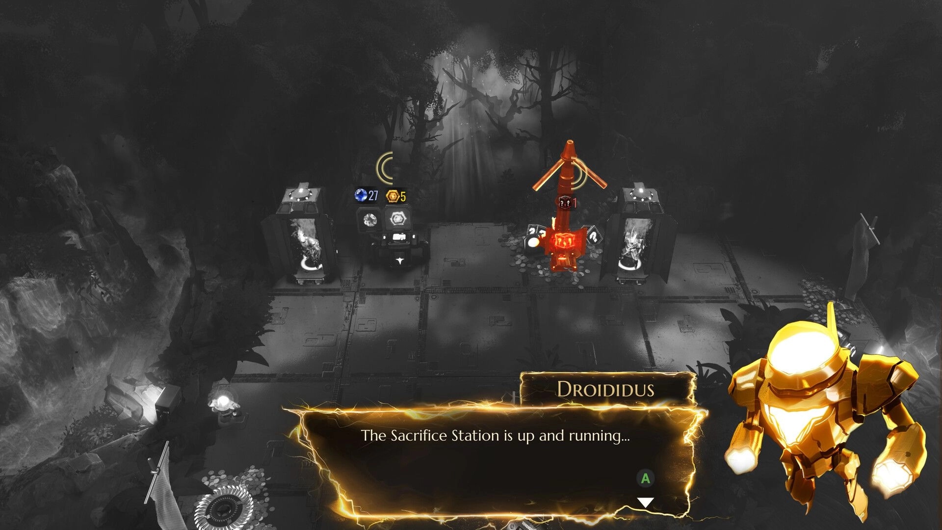 Archons: Droididus activates Sacrifice Station in a dark forest setting with glowing UI elements