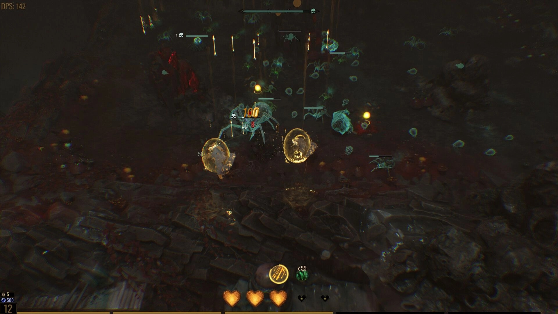 Archons: Combat with glowing enemies and health indicators in a dark, rocky environment