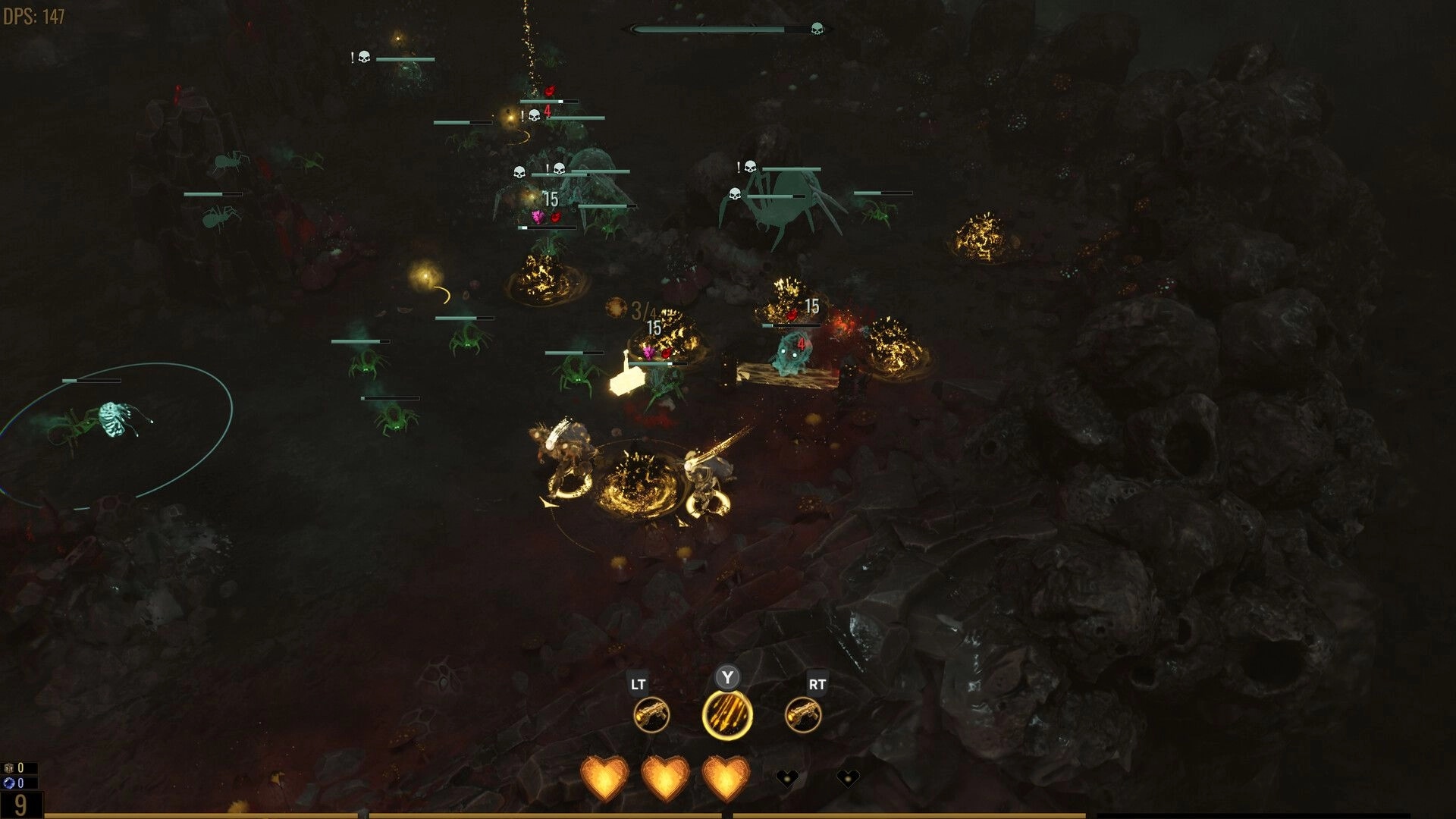 Archons: Two characters battling parasites in a dark cave, health and ability icons displayed below