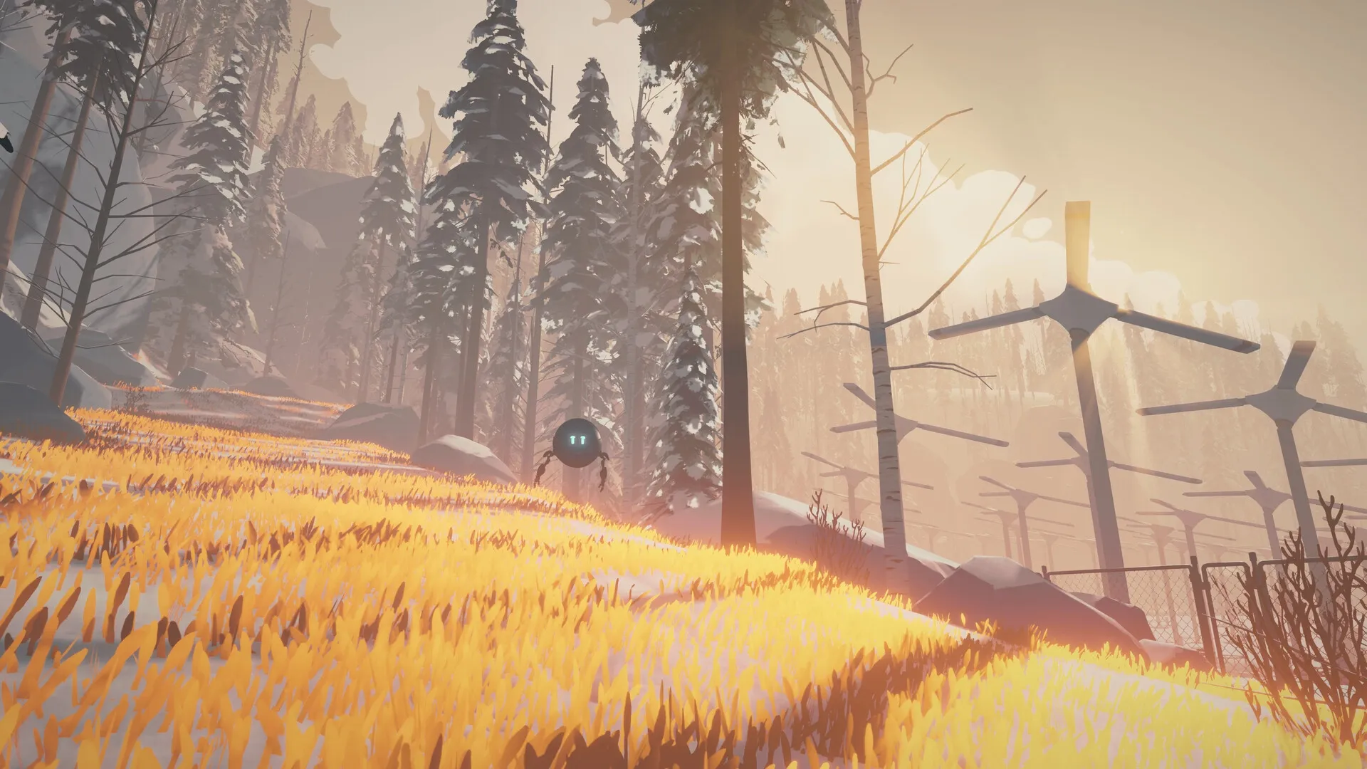 Arctic Awakening: Therapy bot hovering in sunlit snowy forest with tall trees and mysterious structures