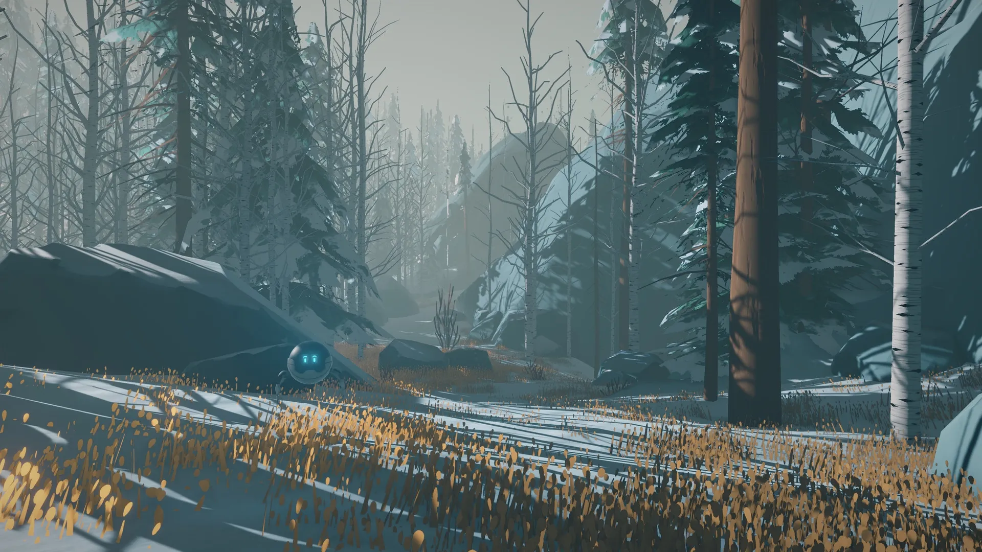 Arctic Awakening: Therapy bot in snowy forest clearing surrounded by tall trees and rocky terrain