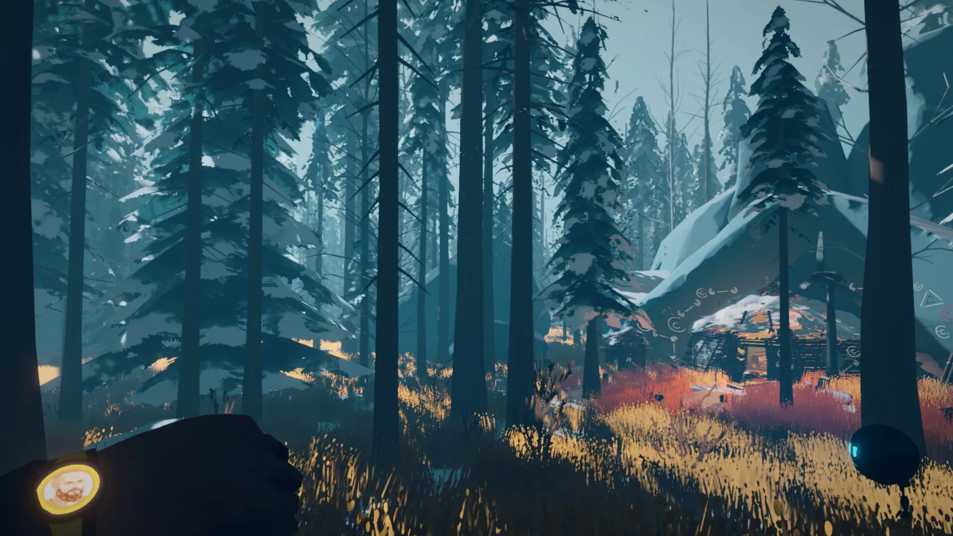 Arctic Awakening: Exploring snowy forest with therapy bot companion in vibrant, sunlit woodland setting