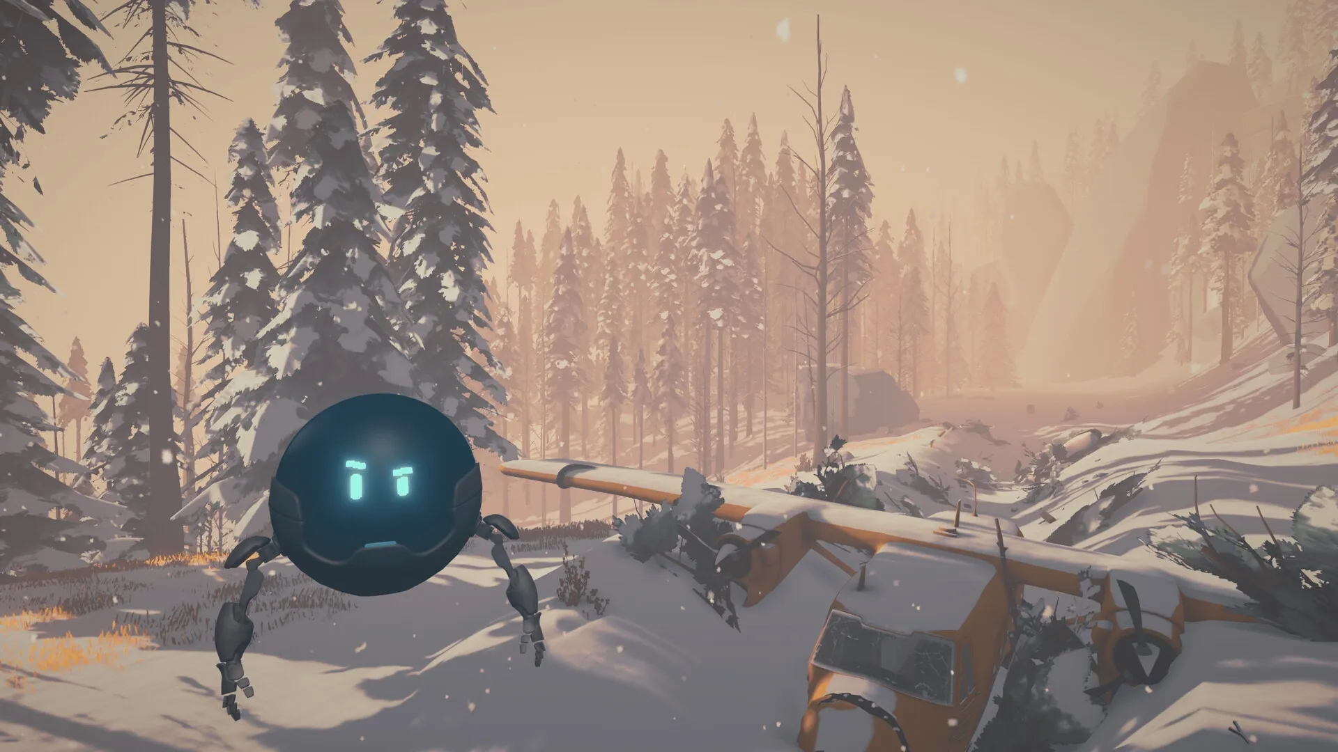 Arctic Awakening: Therapy bot hovers near a crashed plane in a snowy, forested Arctic landscape.