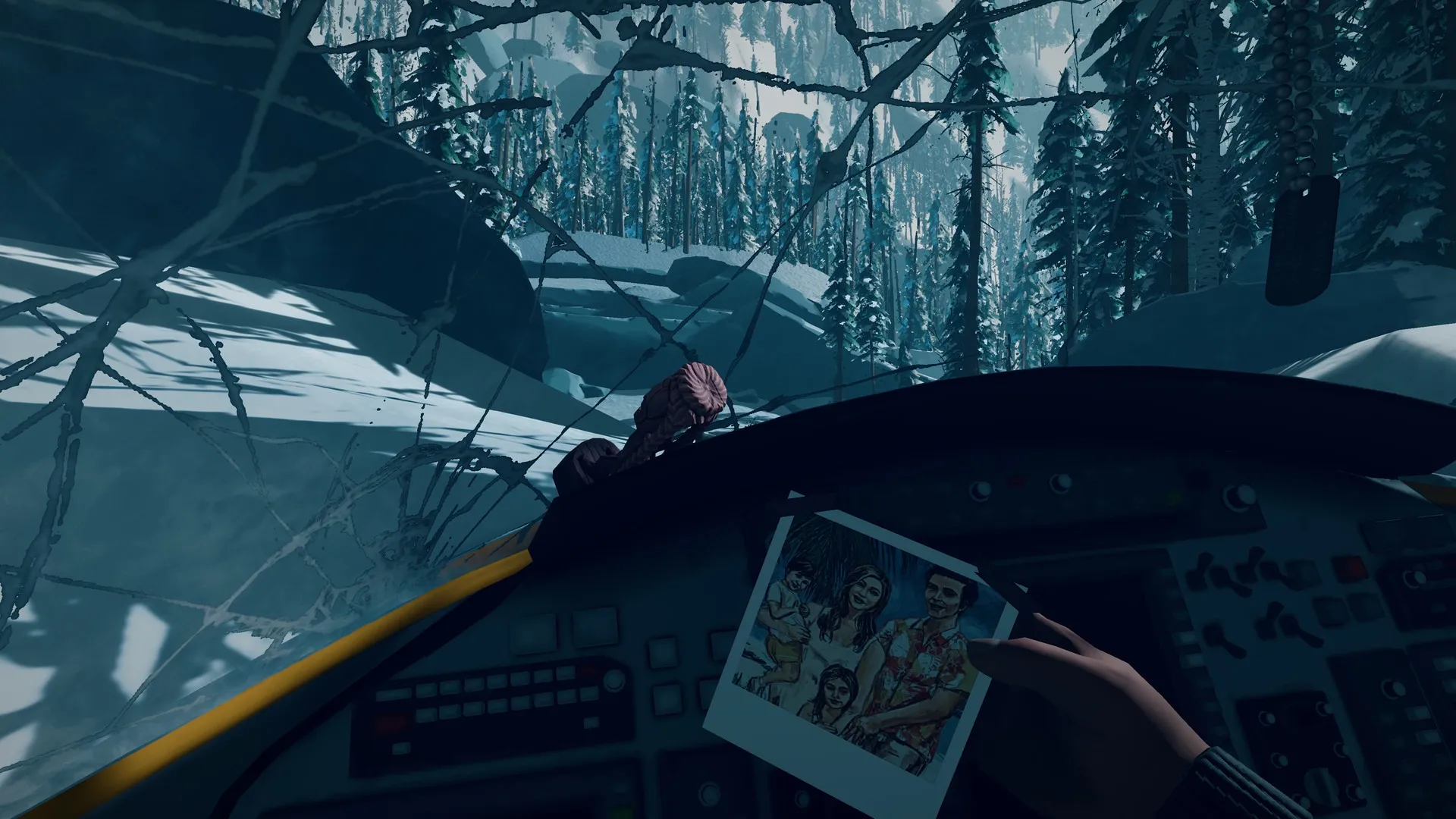Arctic Awakening: Inside crashed plane cockpit, holding family photo, snowy forest visible through windshield