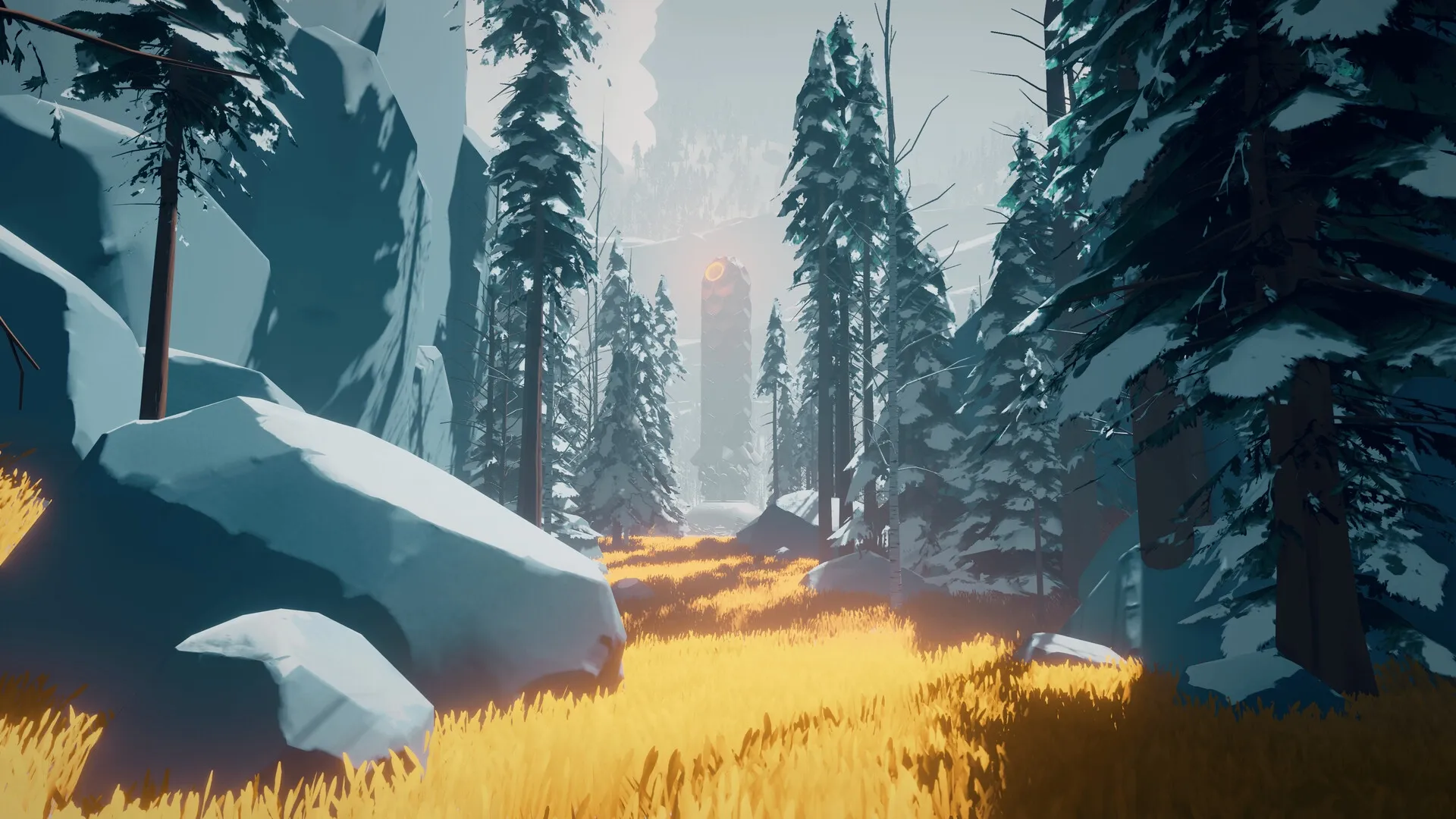 Arctic Awakening: Dense forest pathway with snow-covered trees and mysterious tower in the distance.