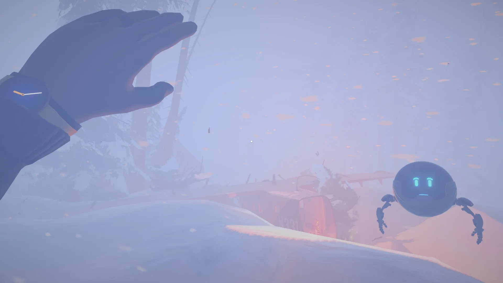 Arctic Awakening: Player's hand reaching towards floating therapy bot amidst snowy plane wreckage