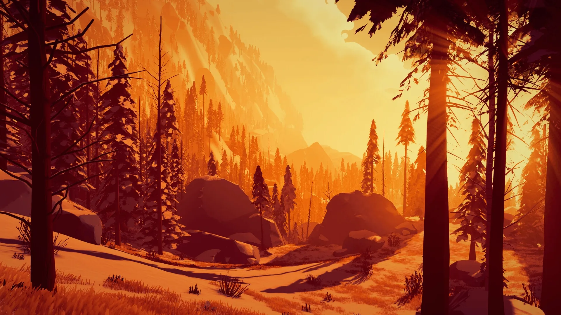 Arctic Awakening: Sunlit snowy forest with towering trees and distant mountains in the orange glow of sunset