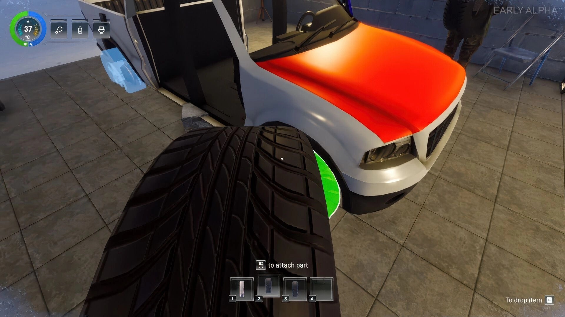 Arctic Drive: Attaching a tire to an off-road truck in a garage, with hotbar and prompt UI visible.