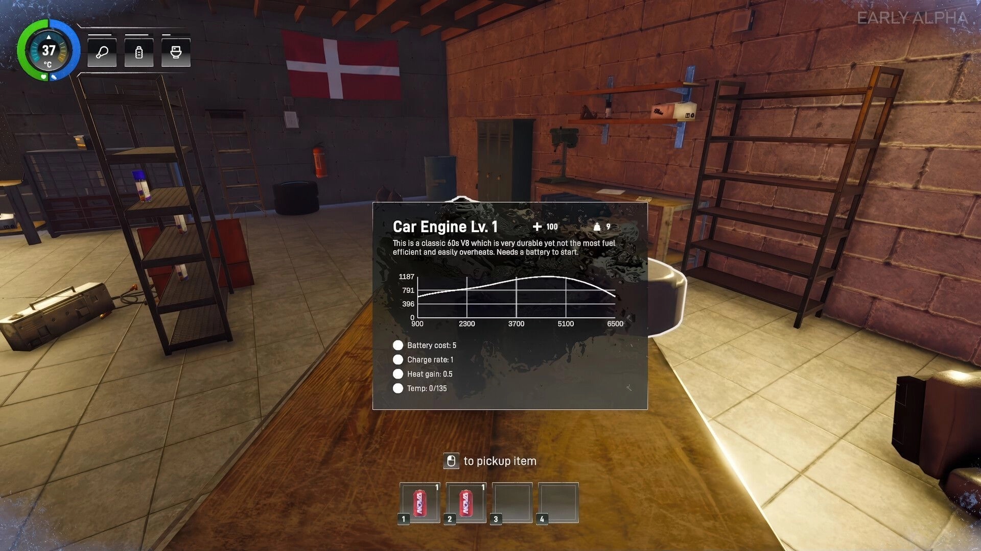 Arctic Drive: Car Engine Lv.1 stats popup over workshop shelves and lockers, with hotbar UI visible.