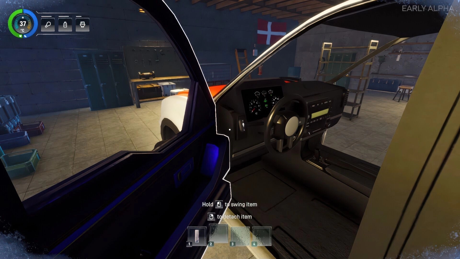 Arctic Drive: First-person view inside a truck garage, HUD and prompt to detach item on screen.