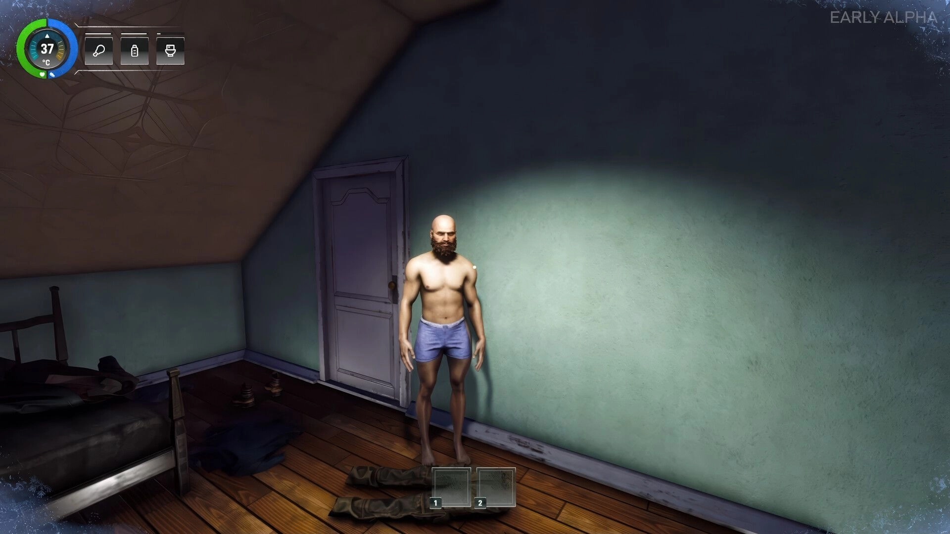 Arctic Drive: Bearded survivor stands in underwear in a small room, temperature and status UI visible.