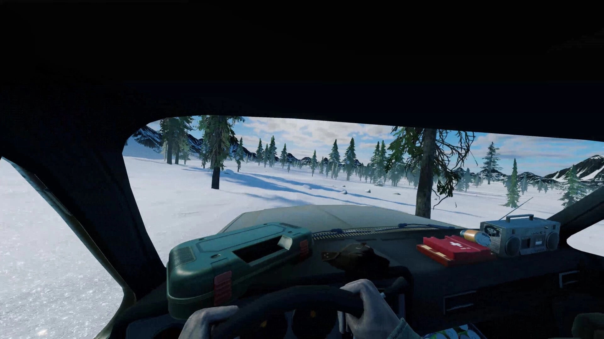 Arctic Drive: First-person view driving through snowy pines, dashboard shows med kit and radio inside cab.