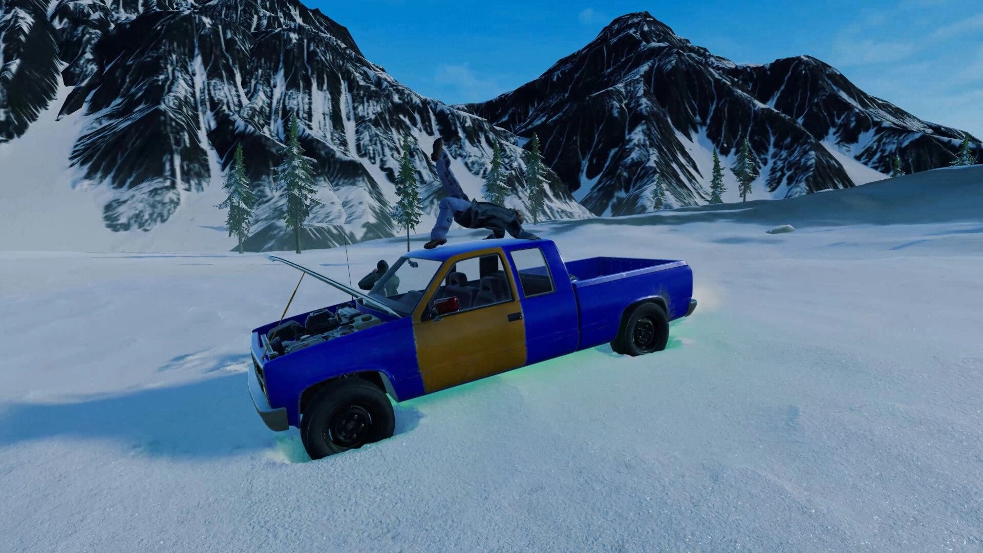 Arctic Drive: Player repairing a blue pickup with hood open in snowy valley beneath jagged mountains.