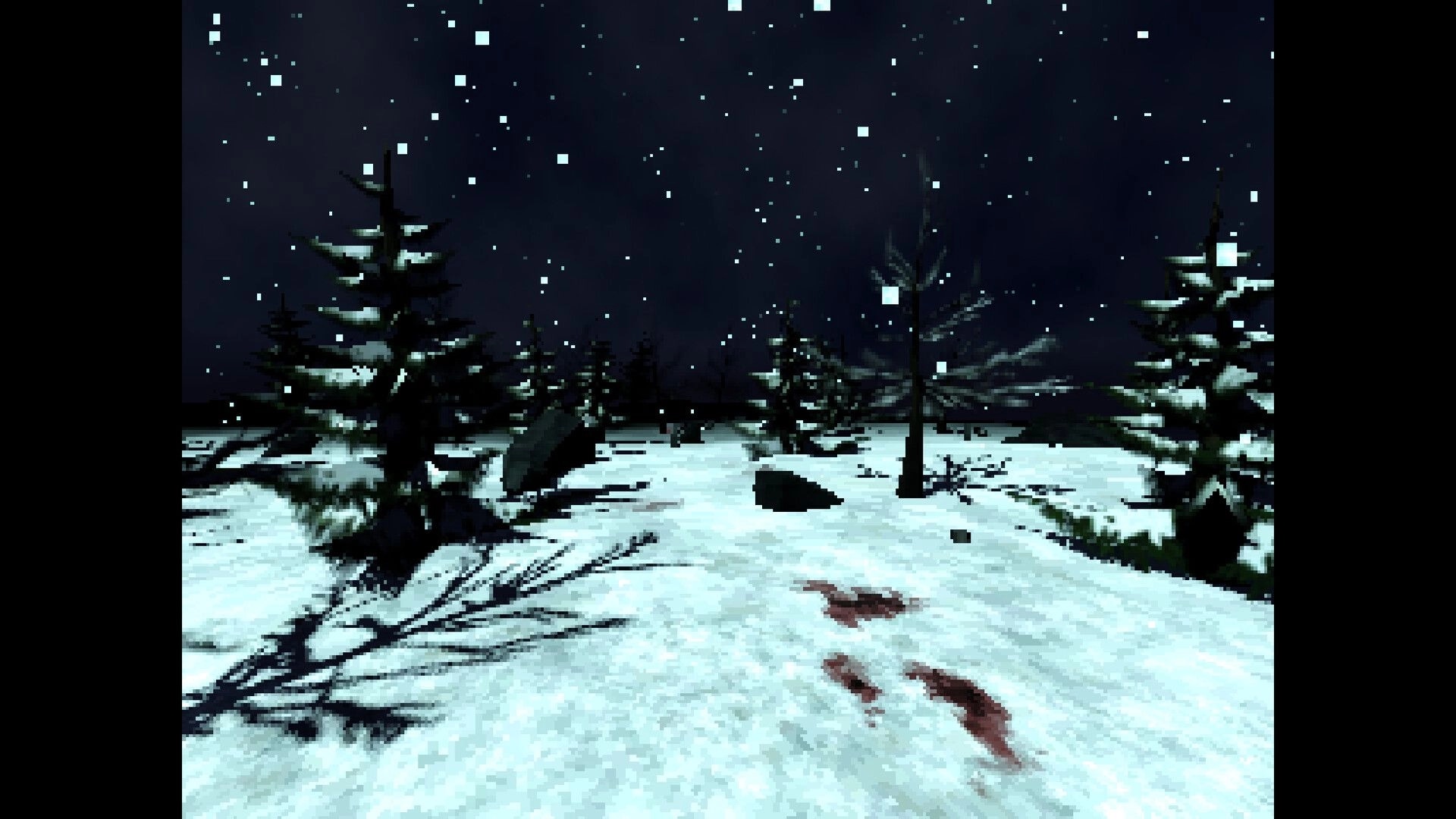 Arctic Grave: Blood stains trail across snowy ground under falling snow in a dark pine forest at night.