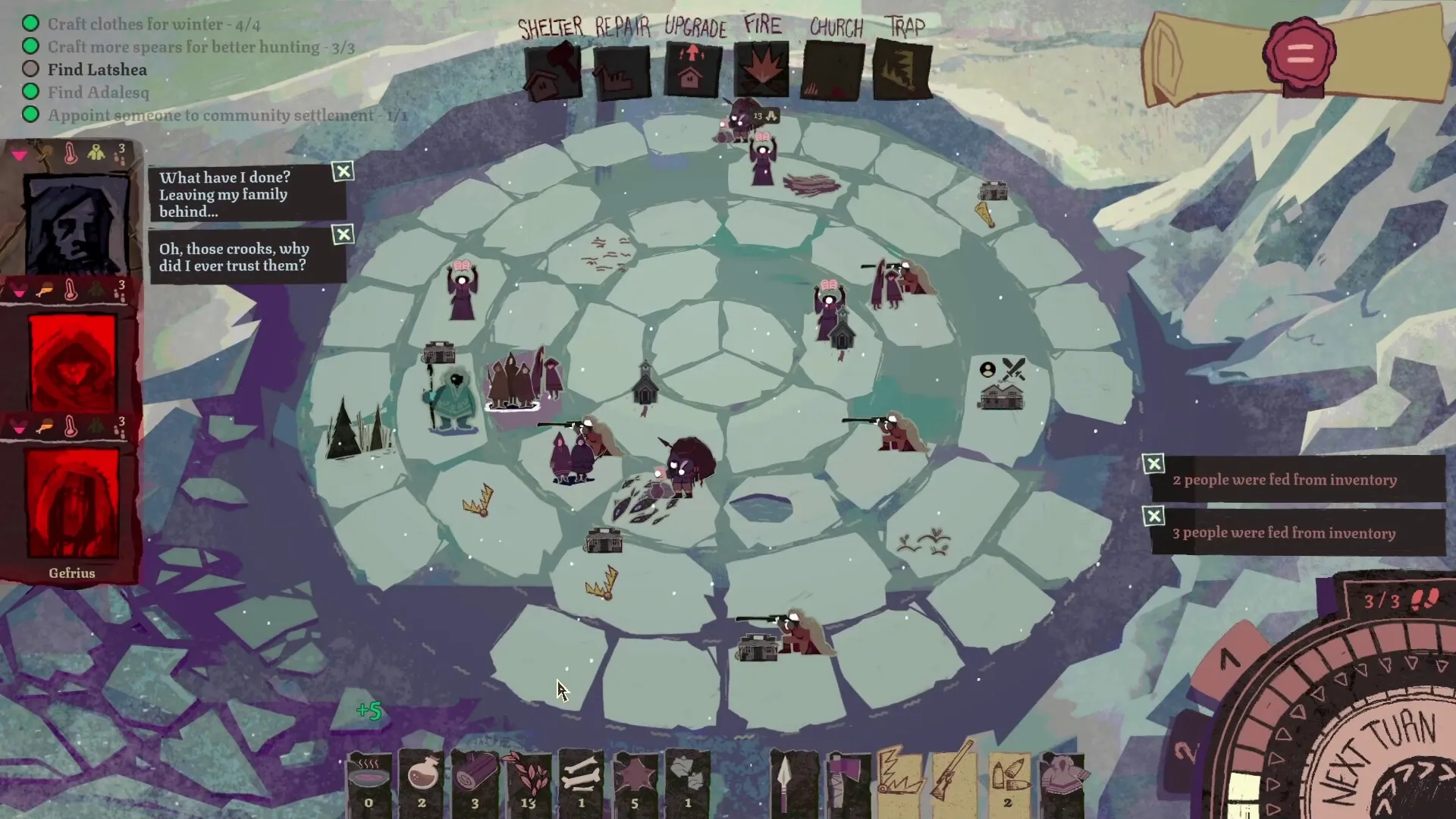 Arctis: Characters strategize on icy circular map with dialogue and task list displayed on the left.