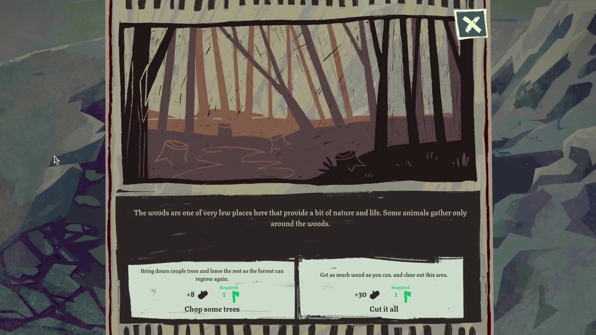 Arctis: Forest resource management options with choices to chop trees or clear area completely