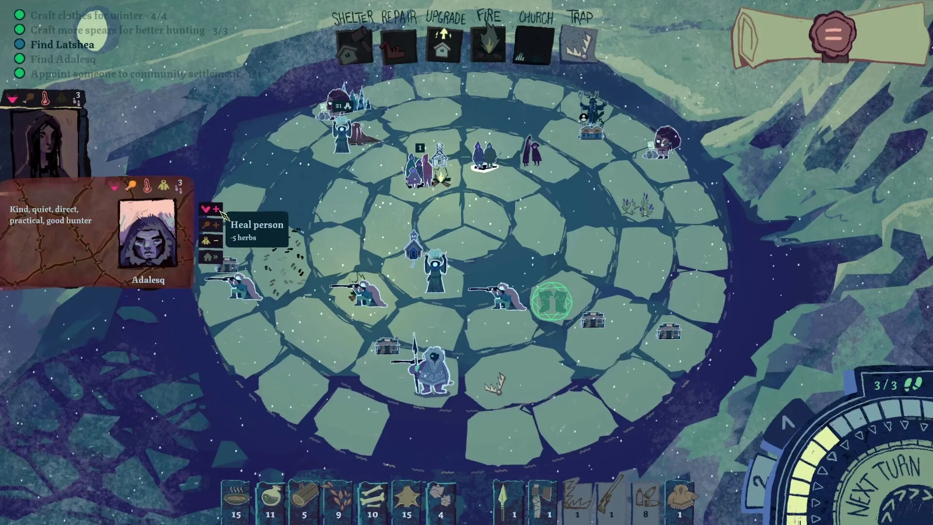 Arctis: Adalesq heals group in snowy circular map with crafting options and turn-based controls visible.