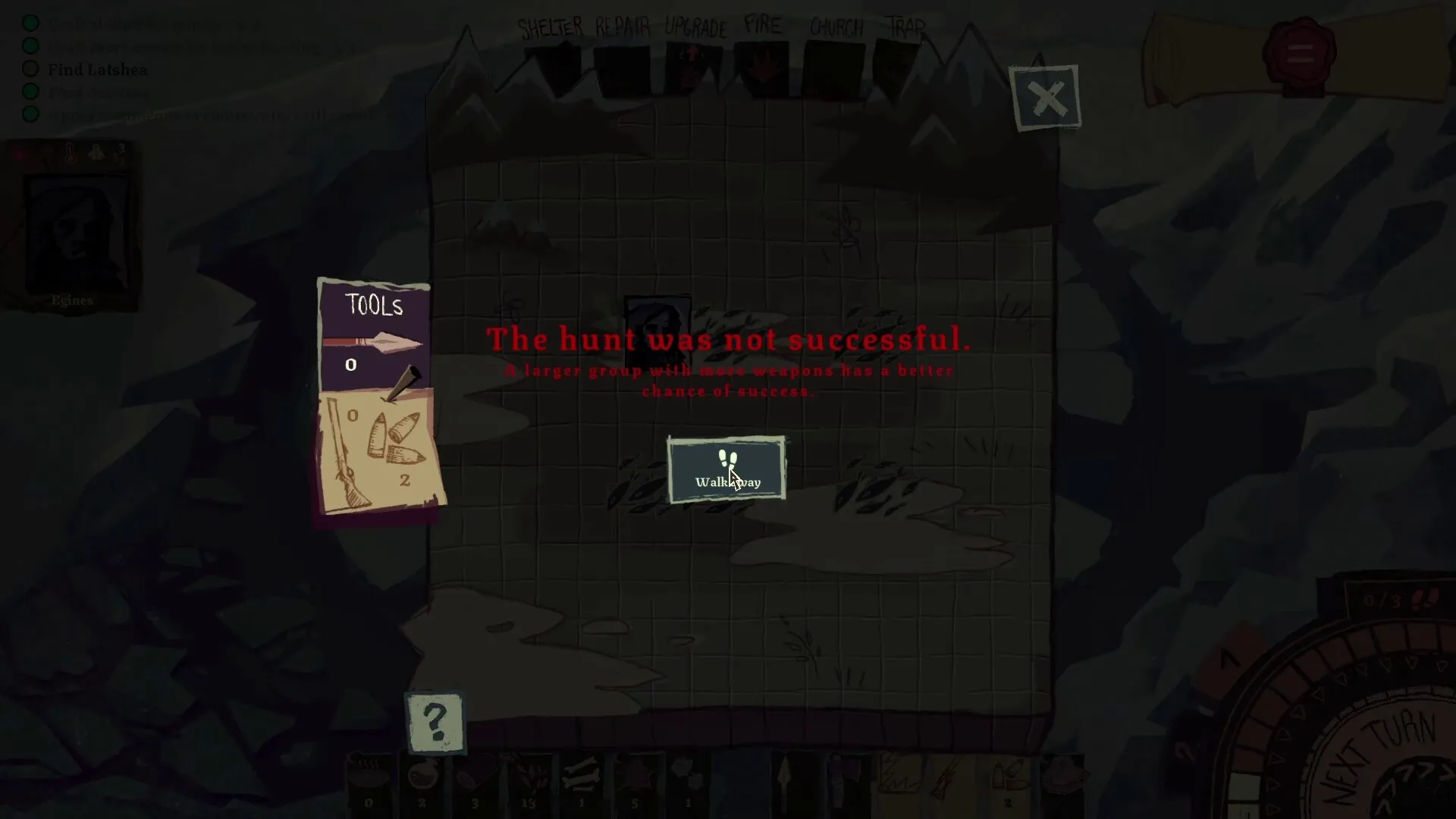 Arctis: Failed hunt message with tools menu and option to walk away in icy wilderness environment