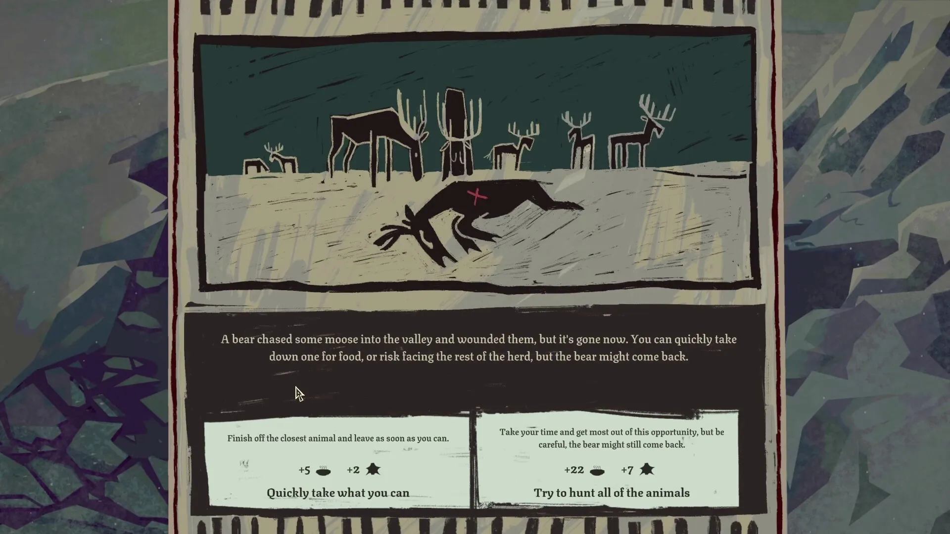 Arctis: Decision-making screen with options to hunt moose, showing resources gained from each choice.