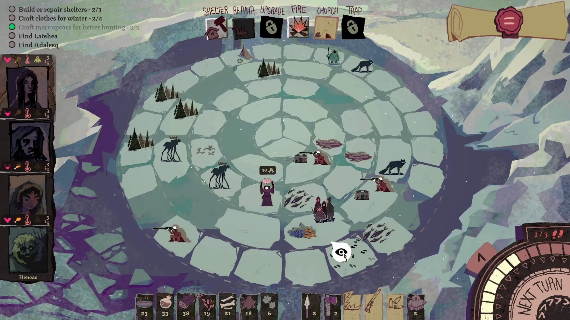 Arctis: Character Heneas on circular map, tasks list on left, crafting and hunting options visible
