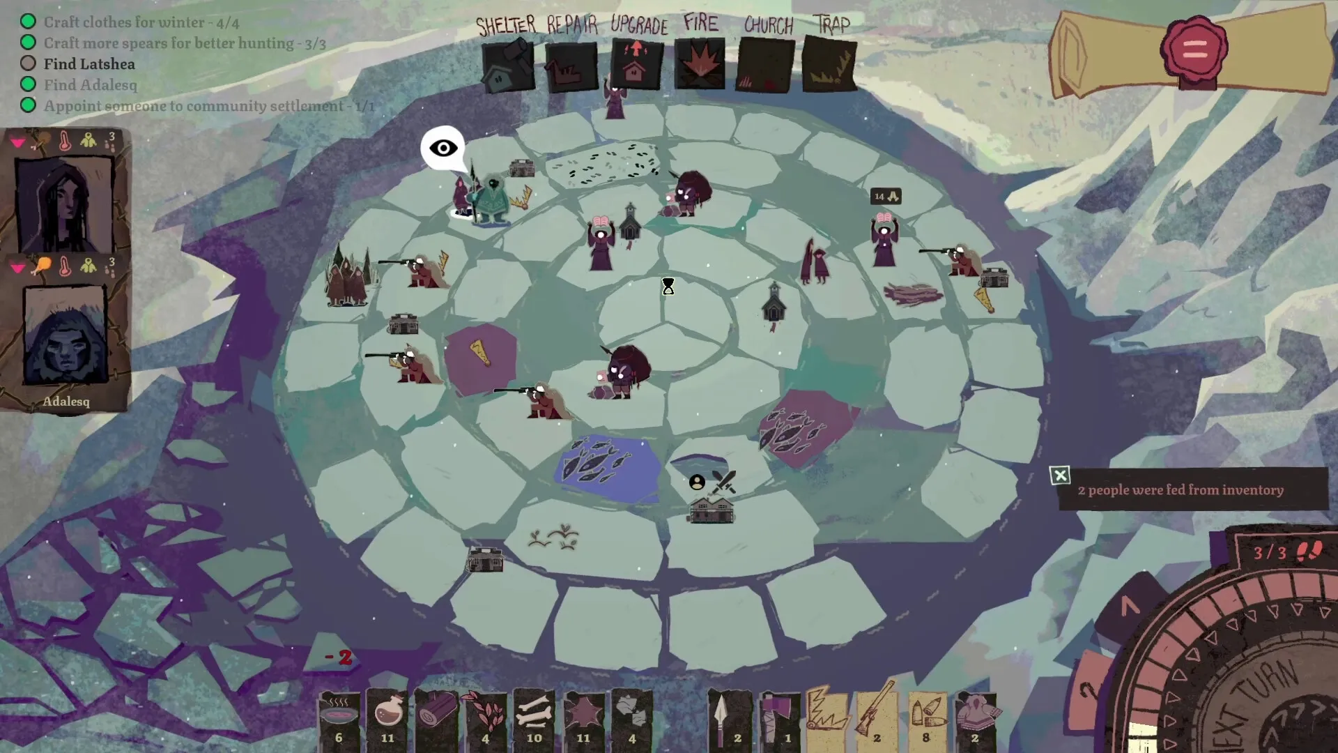 Arctis: Adalesq and group manage resources and tasks on a circular map in a snowy environment.