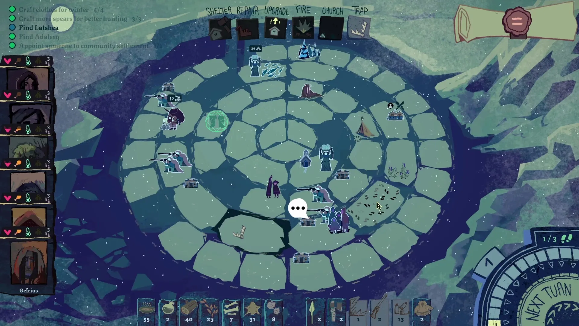 Arctis: Character movement on circular map with task list and resource inventory visible
