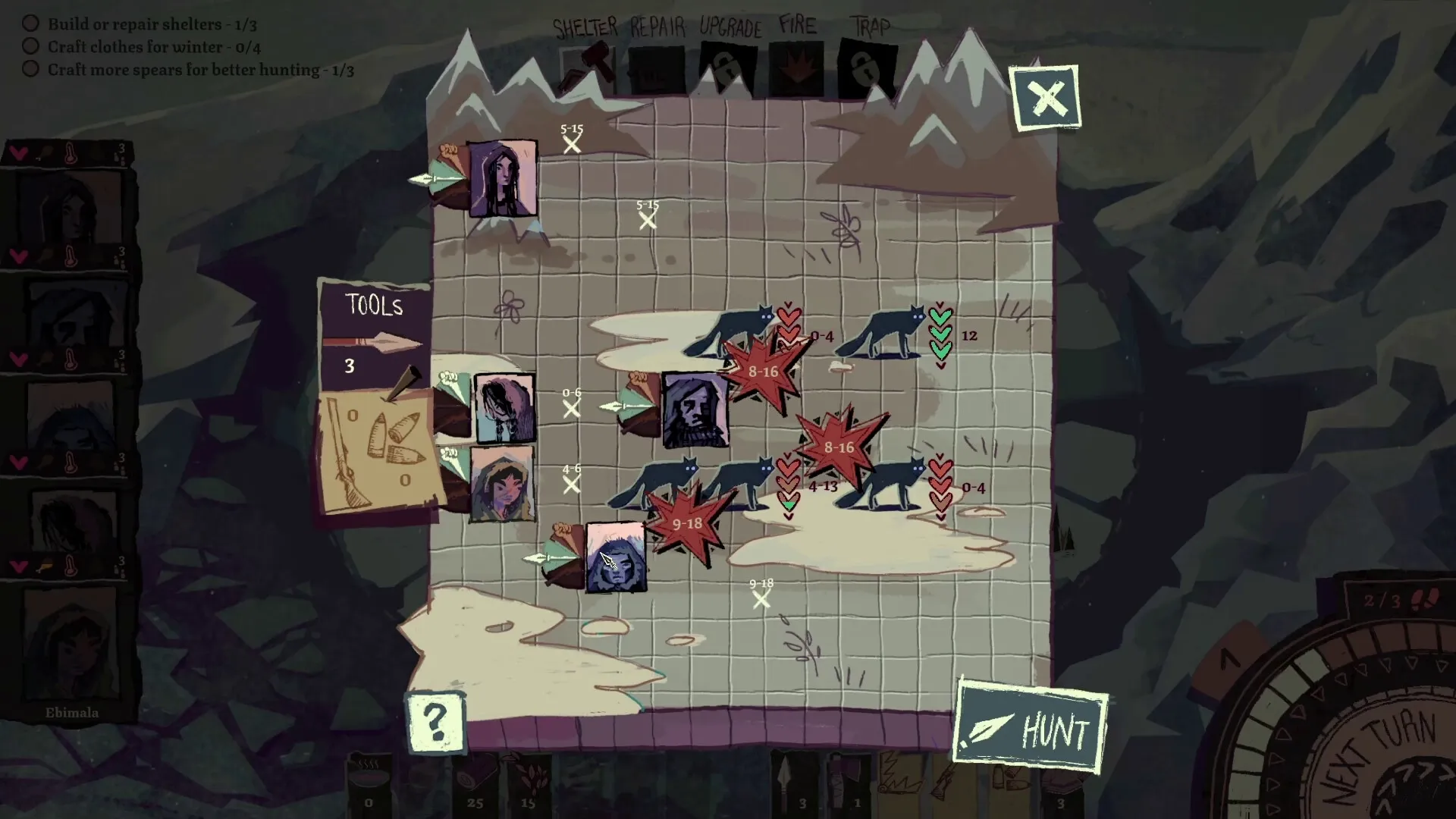 Arctis: Battle against wolves on snowy grid map with tools menu and character stats displayed.