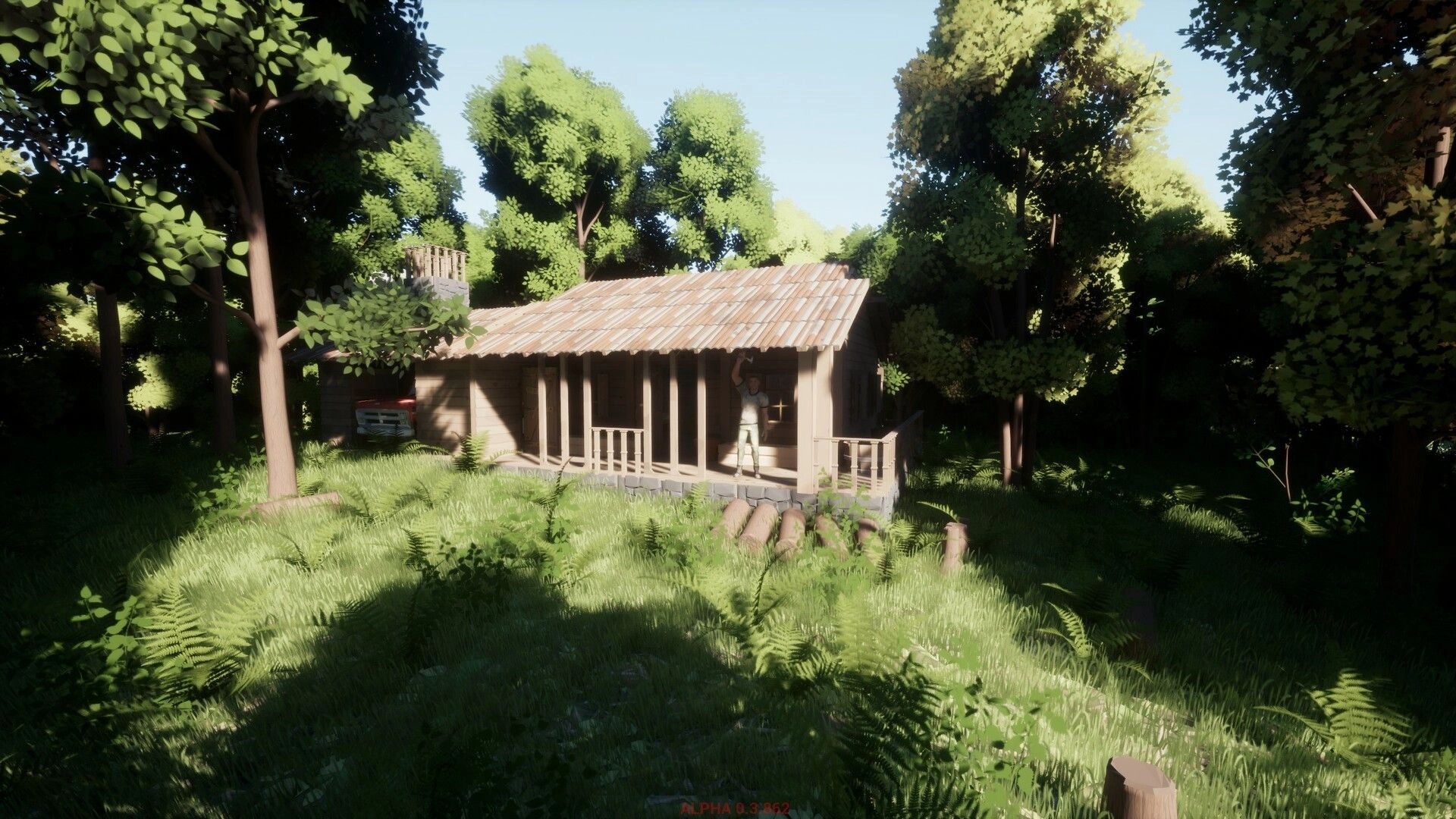 Ardem: Character stands on cabin porch in dense forest, surrounded by lush green grass and tall trees.