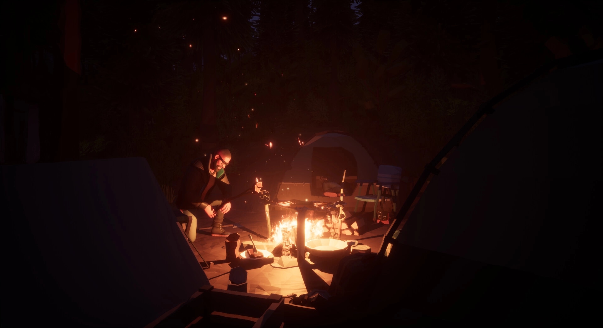 Ardem: Player character tending campfire surrounded by tents in a dense, nighttime forest setting.