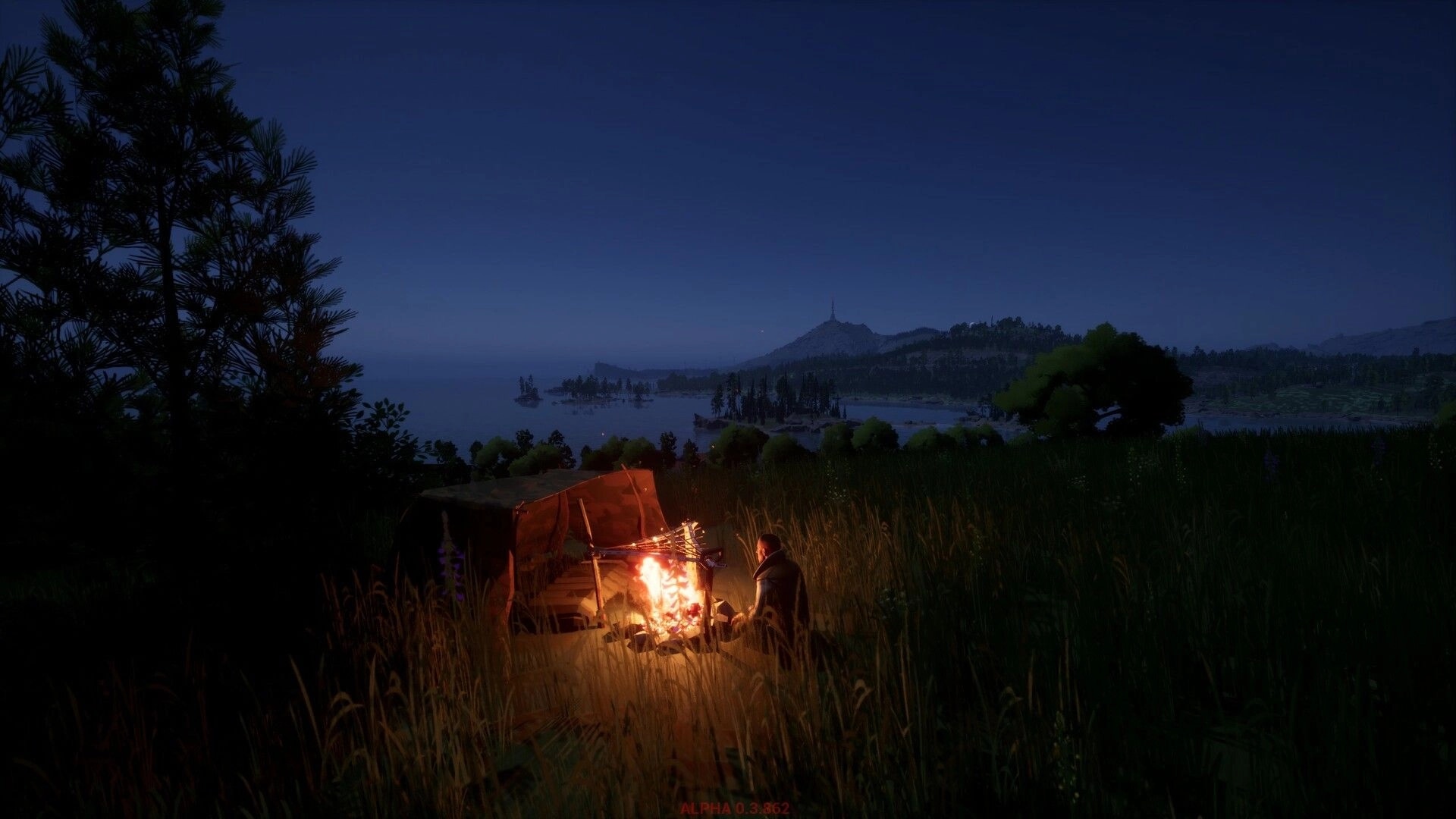 Ardem: Player sitting by campfire under night sky with distant mountains and trees in open wilderness