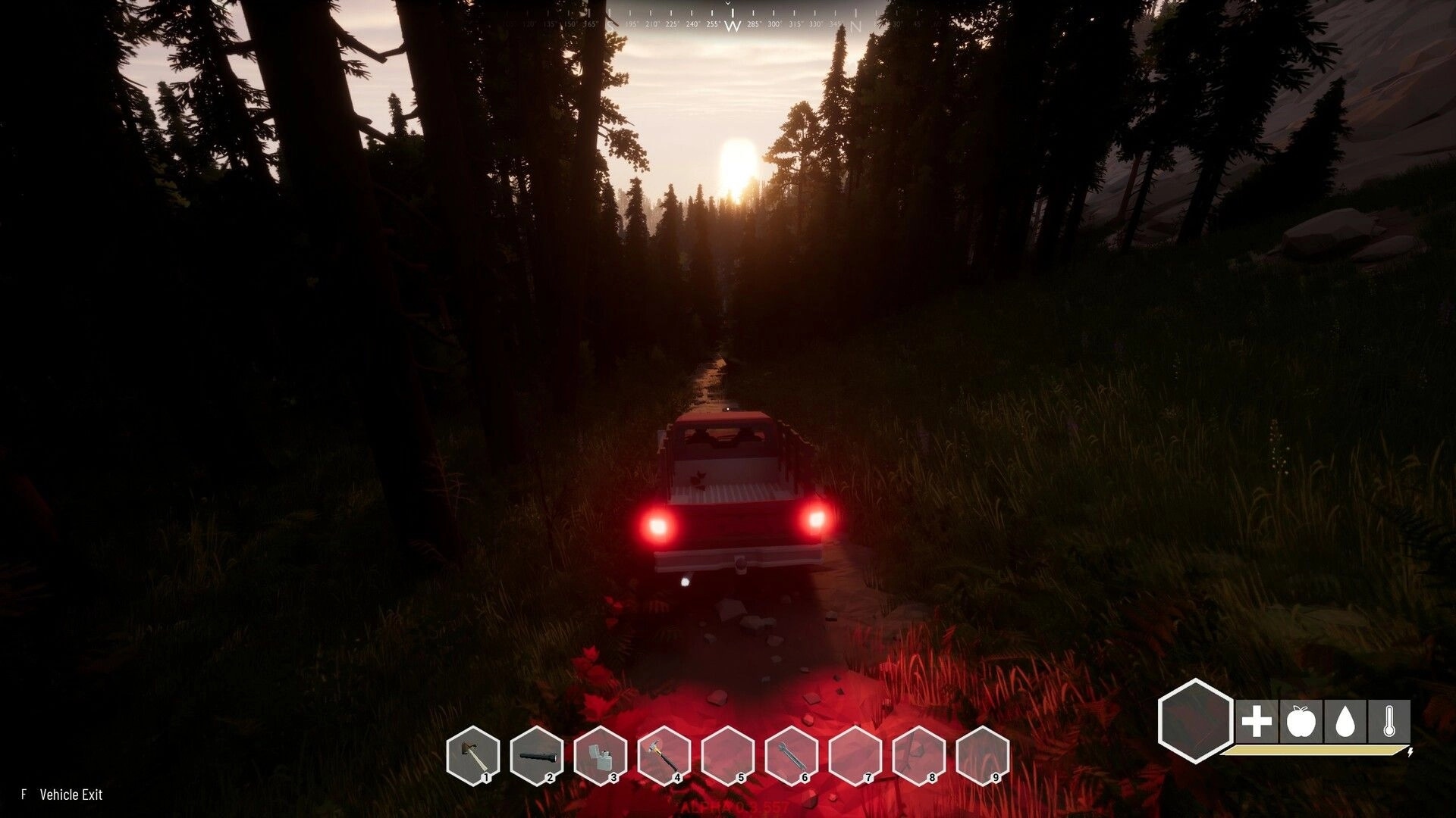 Ardem: Driving a truck through a dense forest at sunset with inventory and health bars on screen