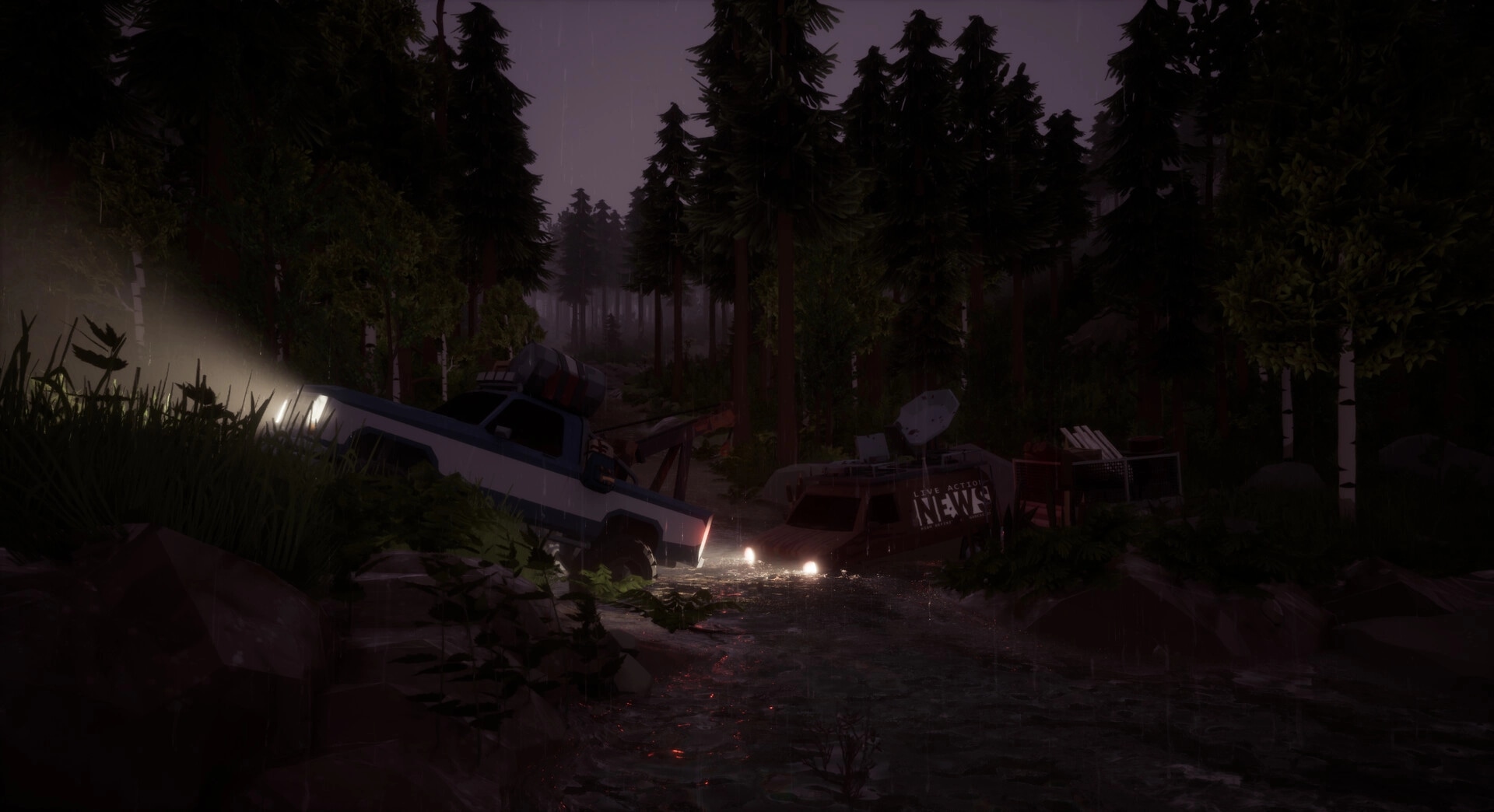 Ardem: Abandoned vehicles in dense forest setting with dim headlights illuminating a rugged path